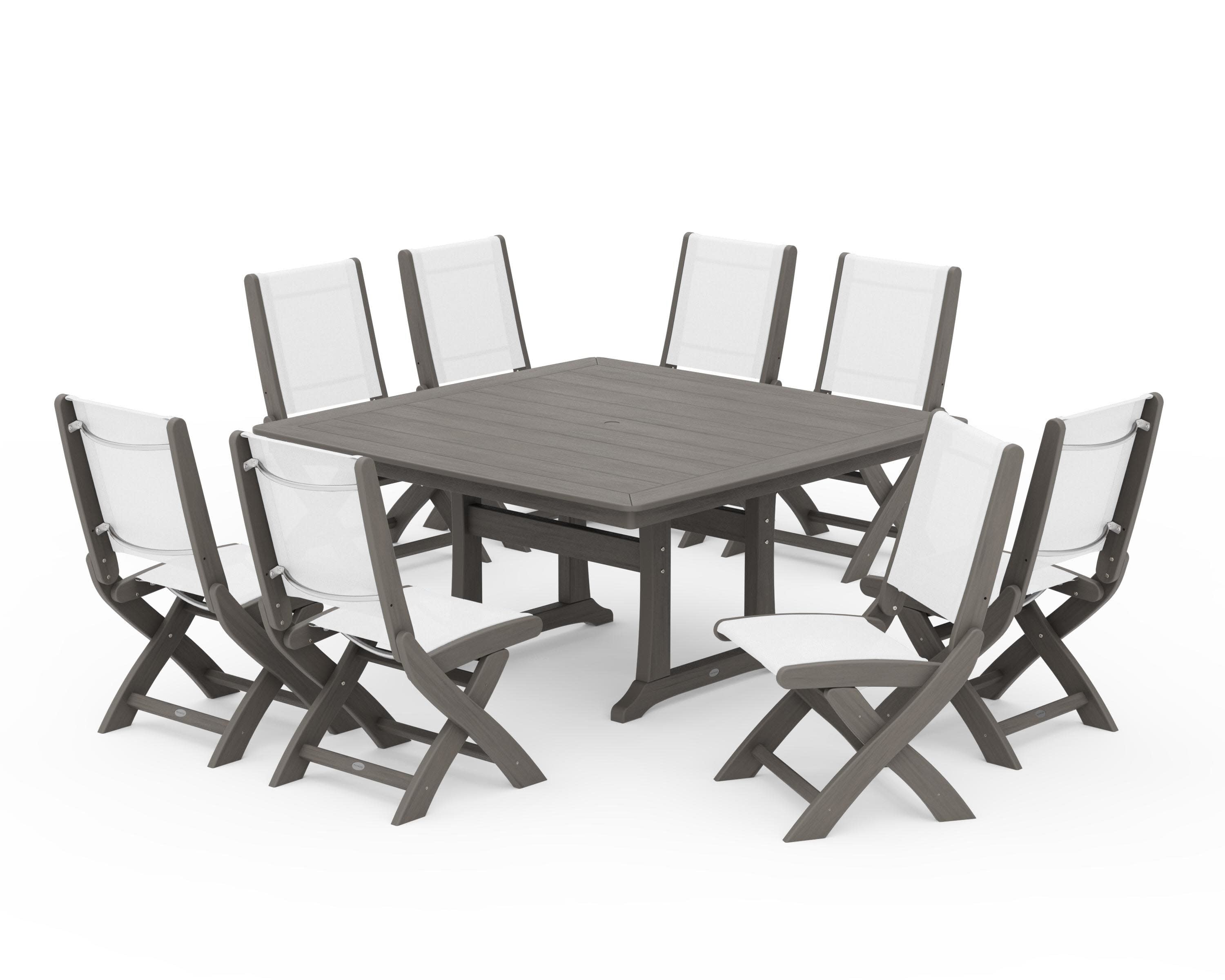 Coastal Folding Side Chair 9-Piece Dining Set with Trestle Legs in Driftwood / White Sling