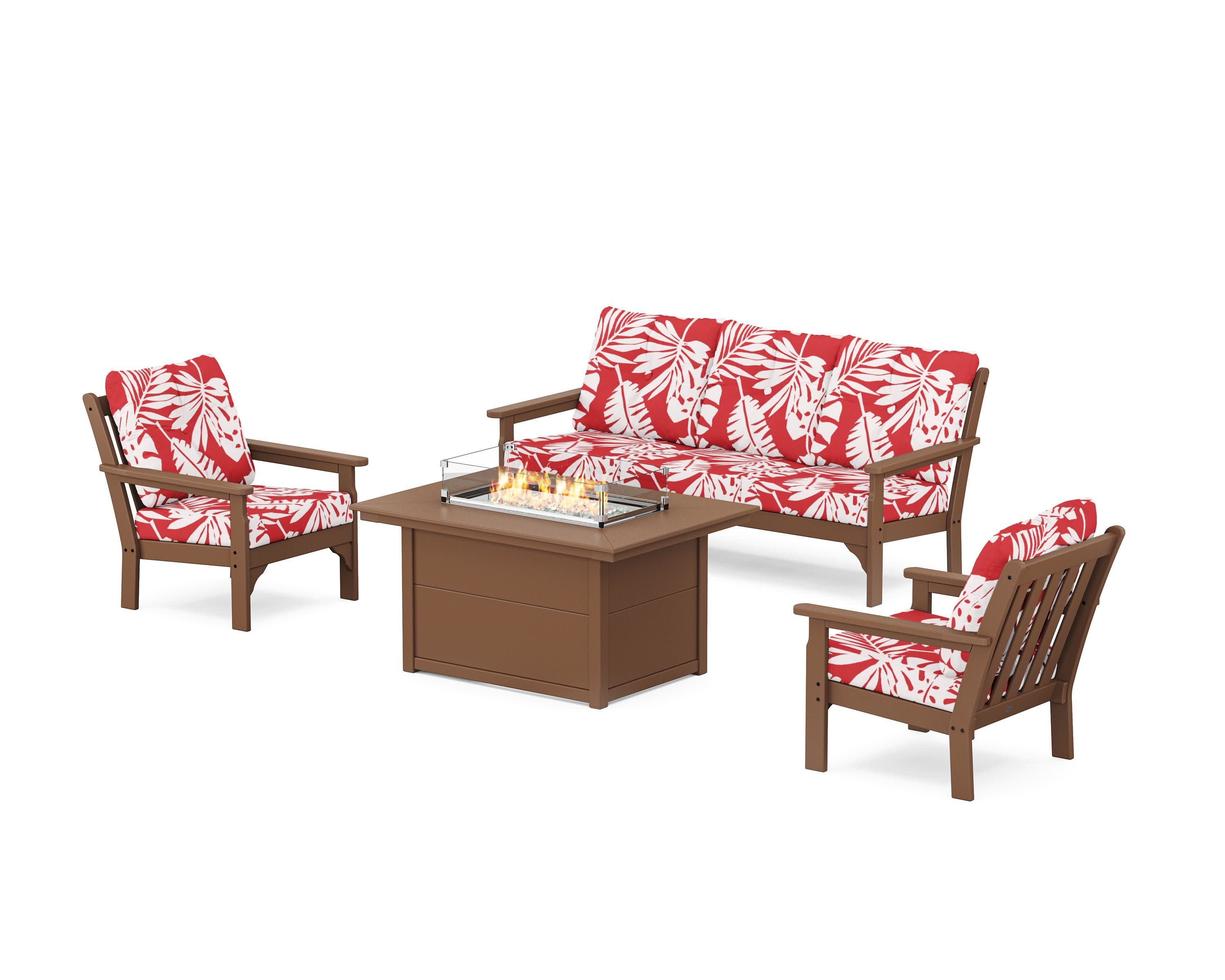 Vineyard Deep Seating Fire Pit Table Set in Teak / Leaf Crimson