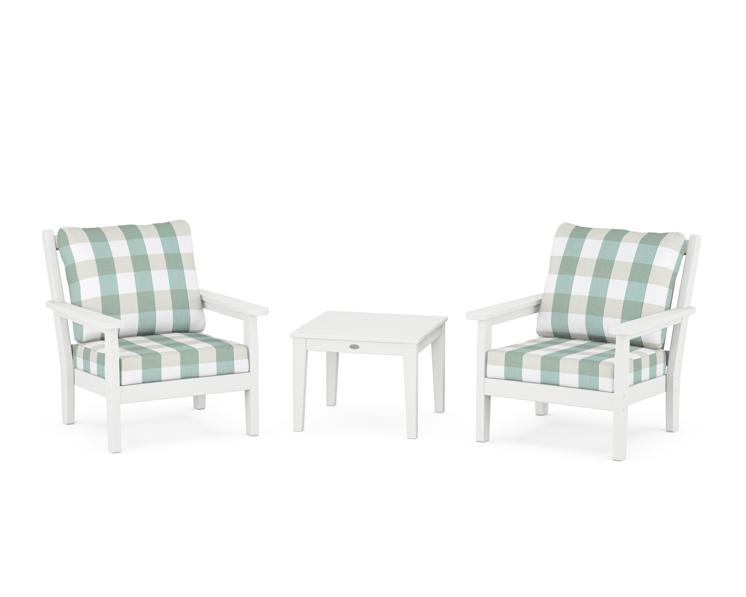 Chippendale 3-Piece Deep Seating Set in White / Buffalo Plaid Glacier Spa