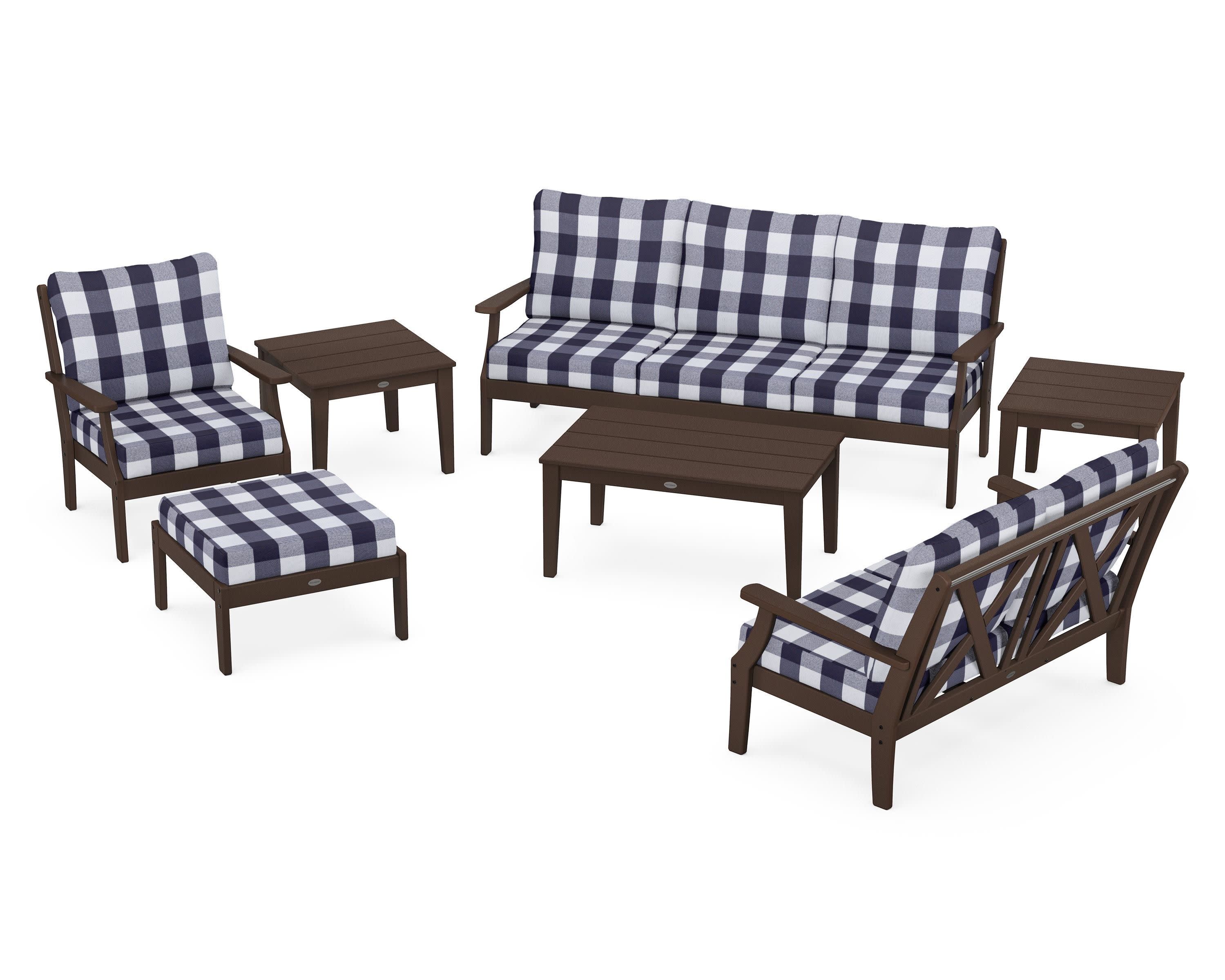 Braxton 7-Piece Deep Seating Set in Mahogany / Buffalo Plaid Navy