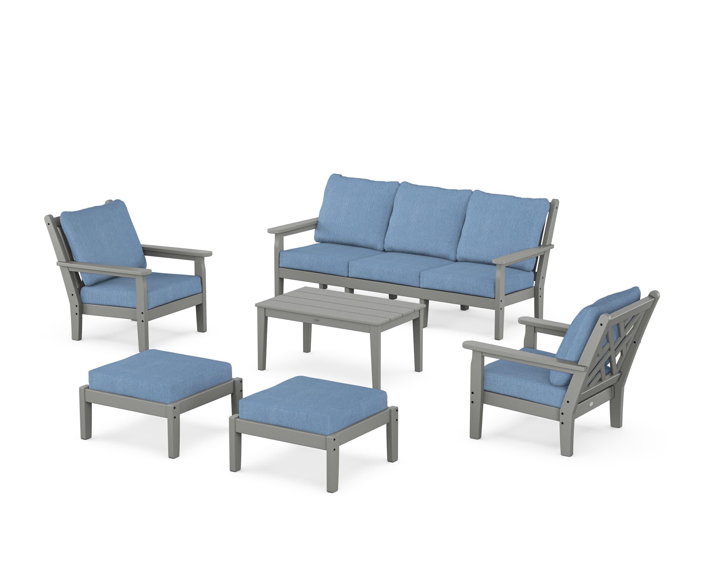 Chippendale 6-Piece Lounge Sofa Set in Slate Grey / Sky Blue
