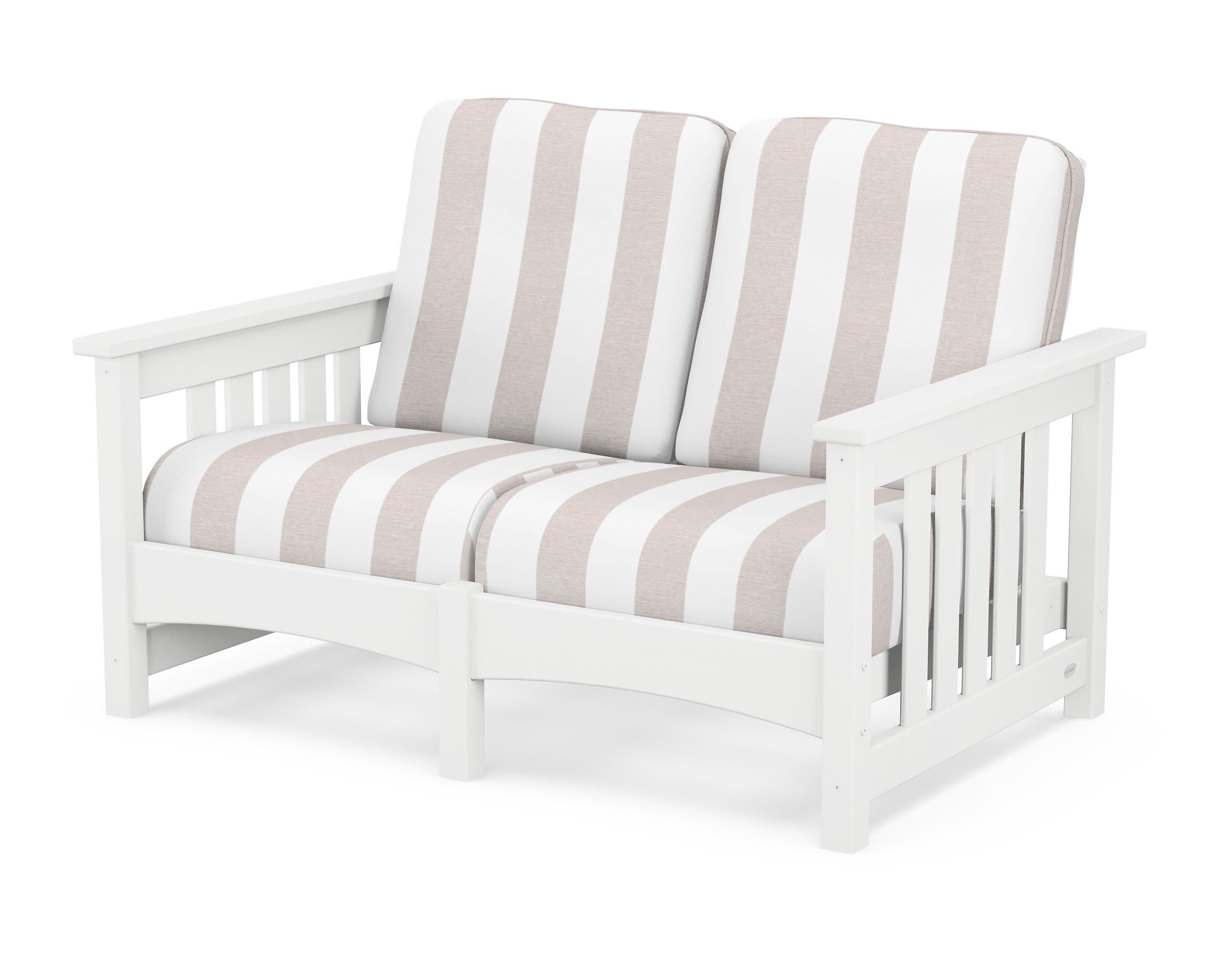Club Mission Loveseat in White / Cabana Stripe Dune Burlap