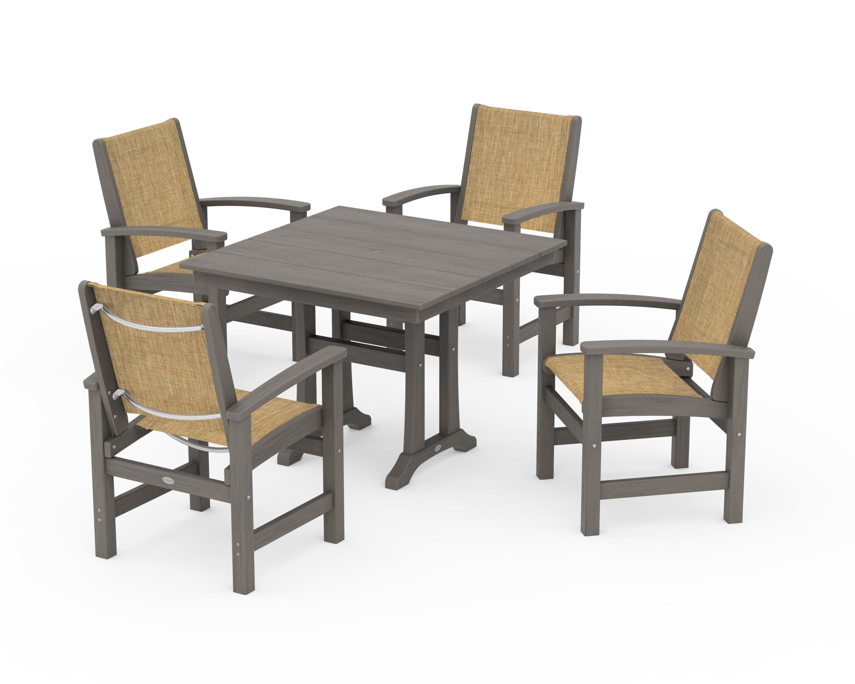 Coastal 5-Piece Farmhouse Dining Set With Trestle Legs in Driftwood / Burlap Sling