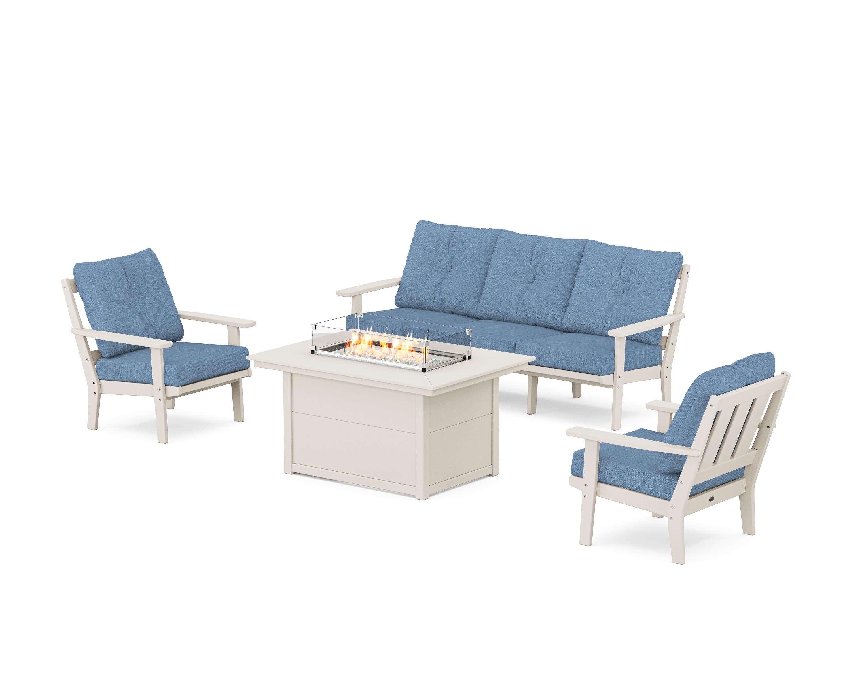 Oxford Deep Seating Fire Pit Table Set in Sand / Sky Blue