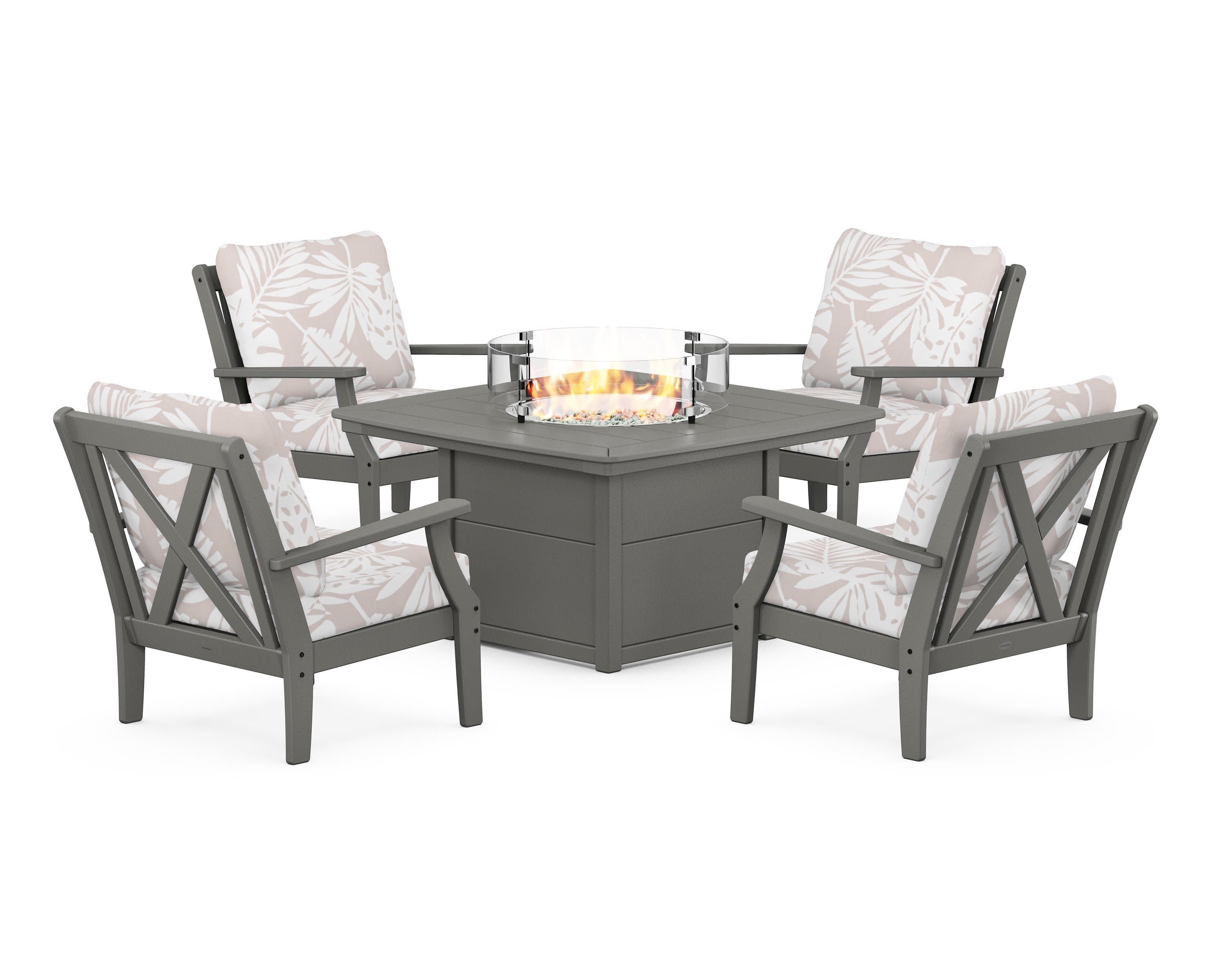 Braxton 5-Piece Deep Seating Conversation Set with Fire Pit Table in Slate Grey / Leaf Dune Burlap