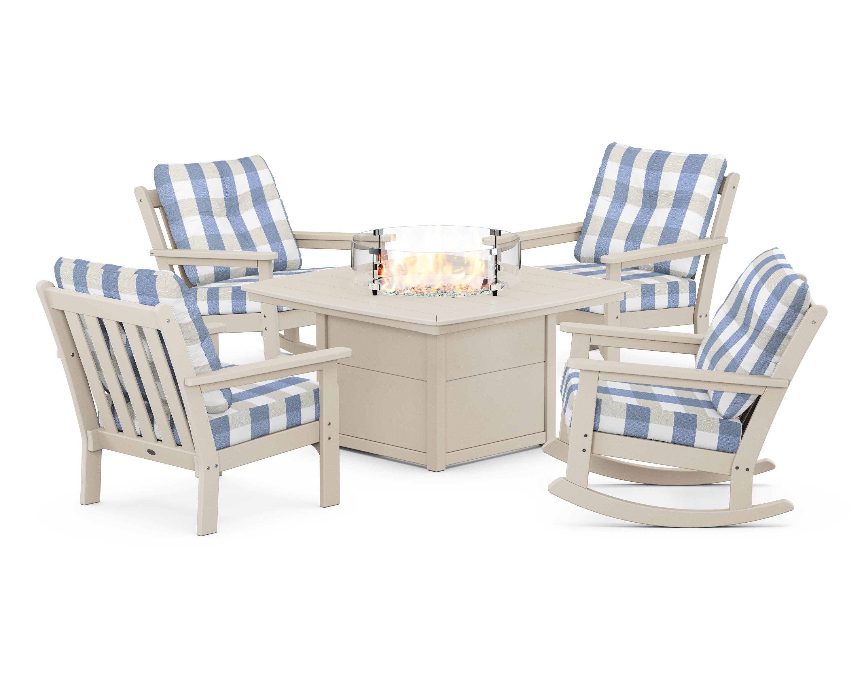 Vineyard 5-Piece Deep Seating Rocking Chair Conversation Set with Fire Pit Table in Sand / Buffalo Plaid Sky Blue