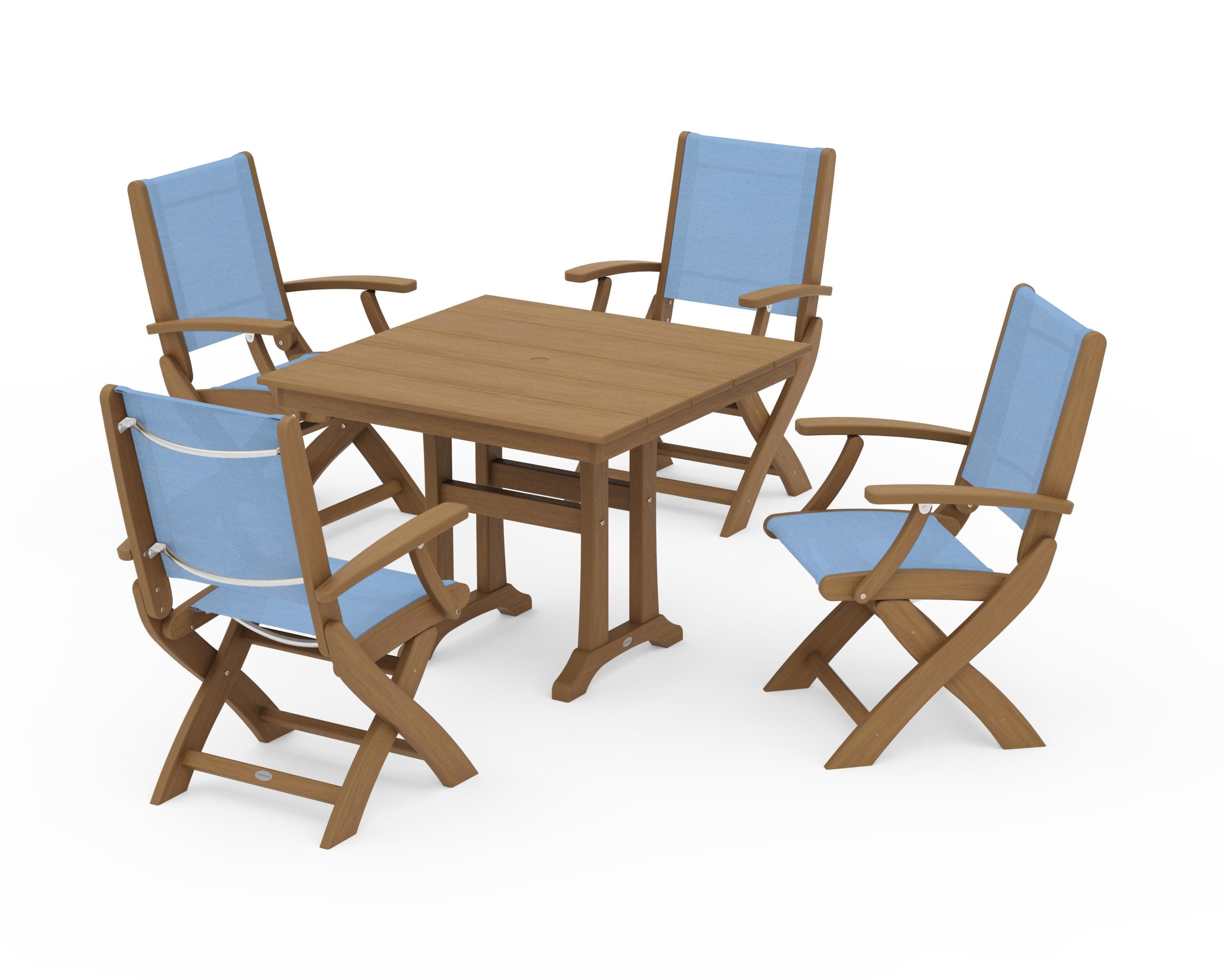 Coastal Folding Chair 5-Piece Farmhouse Dining Set With Trestle Legs in Natural / Poolside Sling
