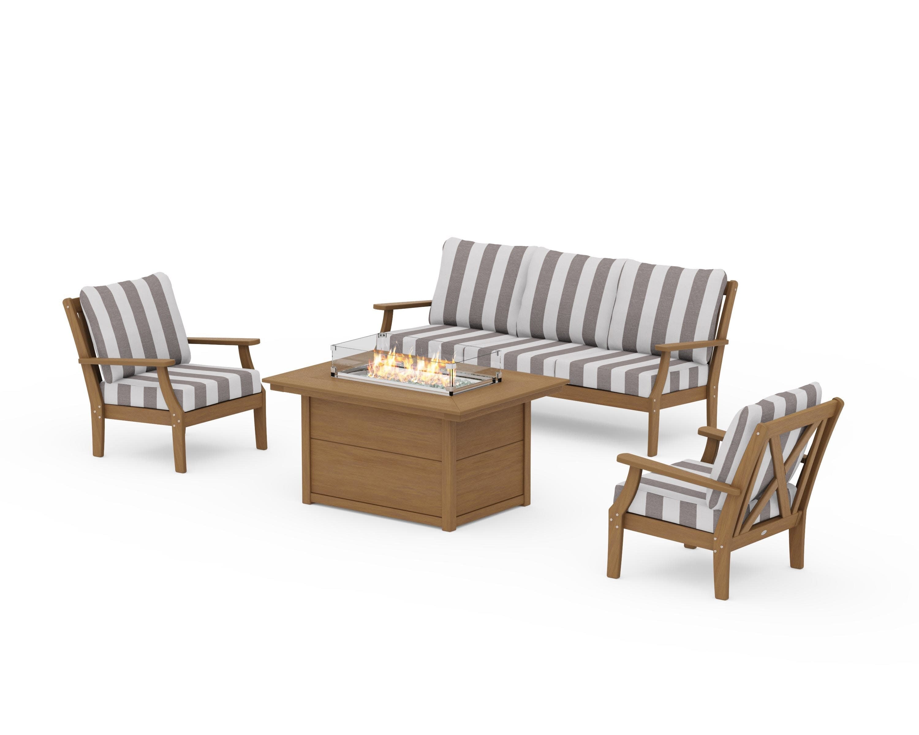 Braxton Deep Seating Fire Pit Table Set in Natural / Cabana Stripe Grey Mist