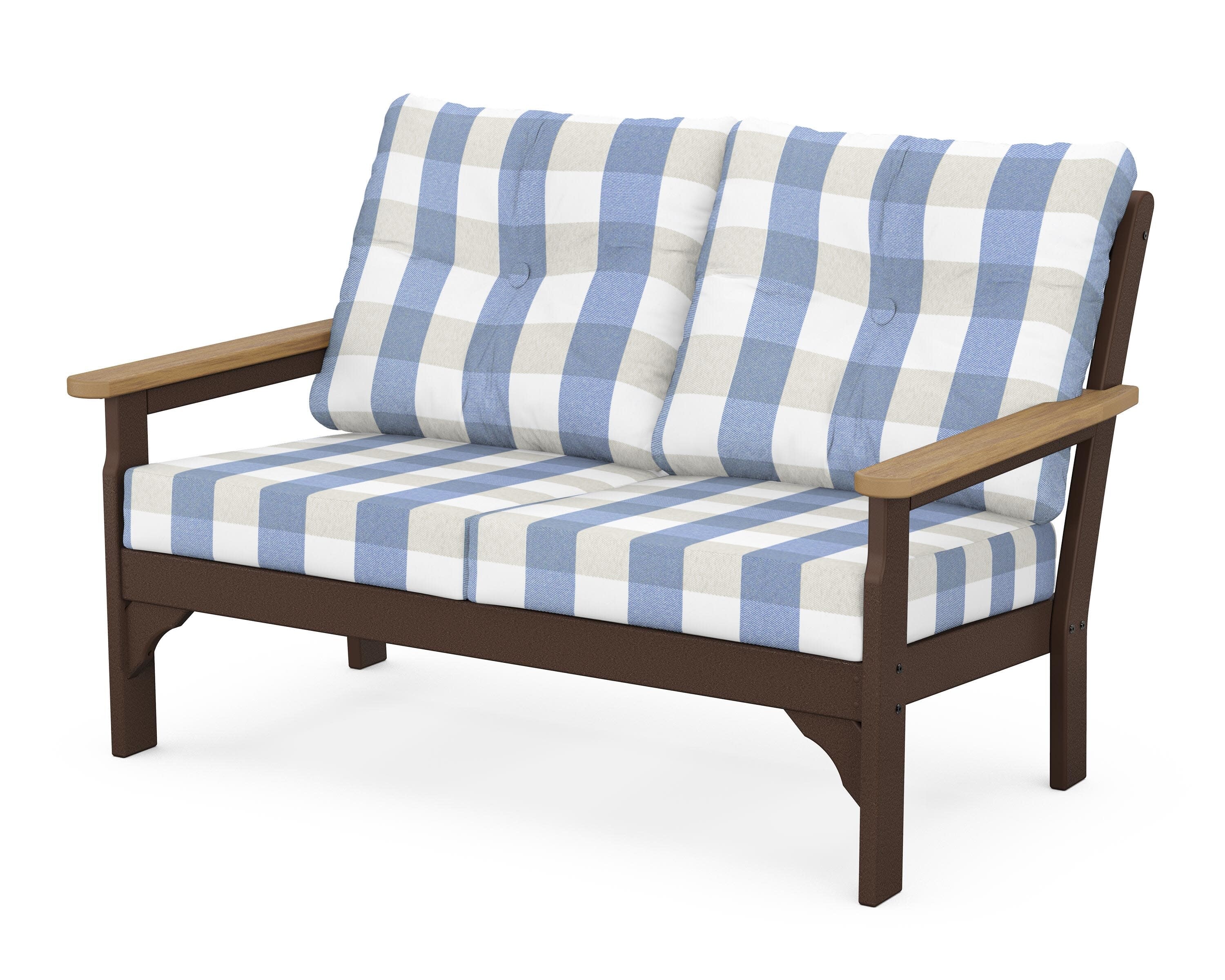 Vineyard Deep Seating Loveseat in Mahogany / Natural / Buffalo Plaid Sky Blue