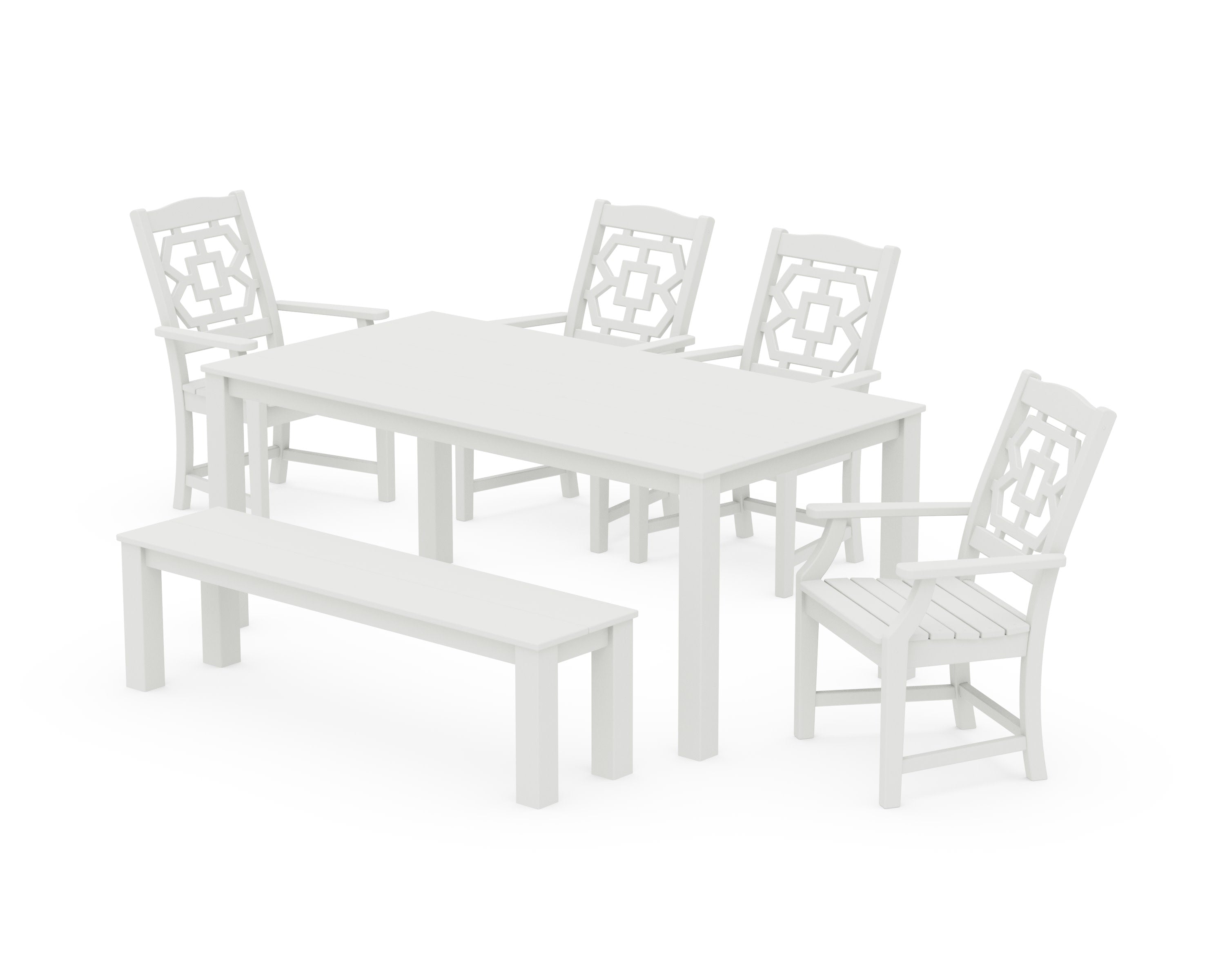 Chinoiserie 6-Piece Parsons Dining Set with Bench in Vintage White