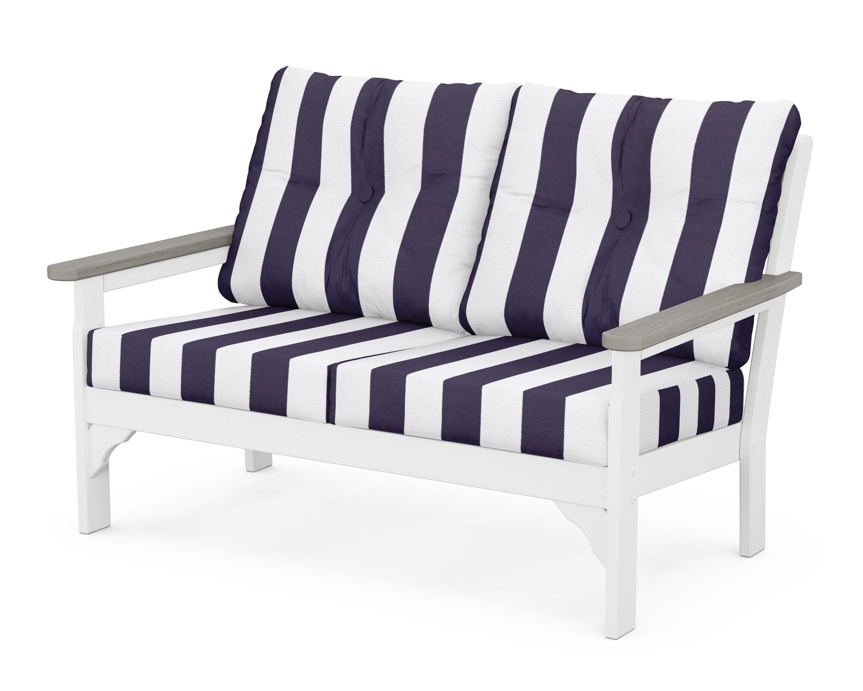 Vineyard Deep Seating Loveseat in White / Driftwood / Cabana Stripe Navy