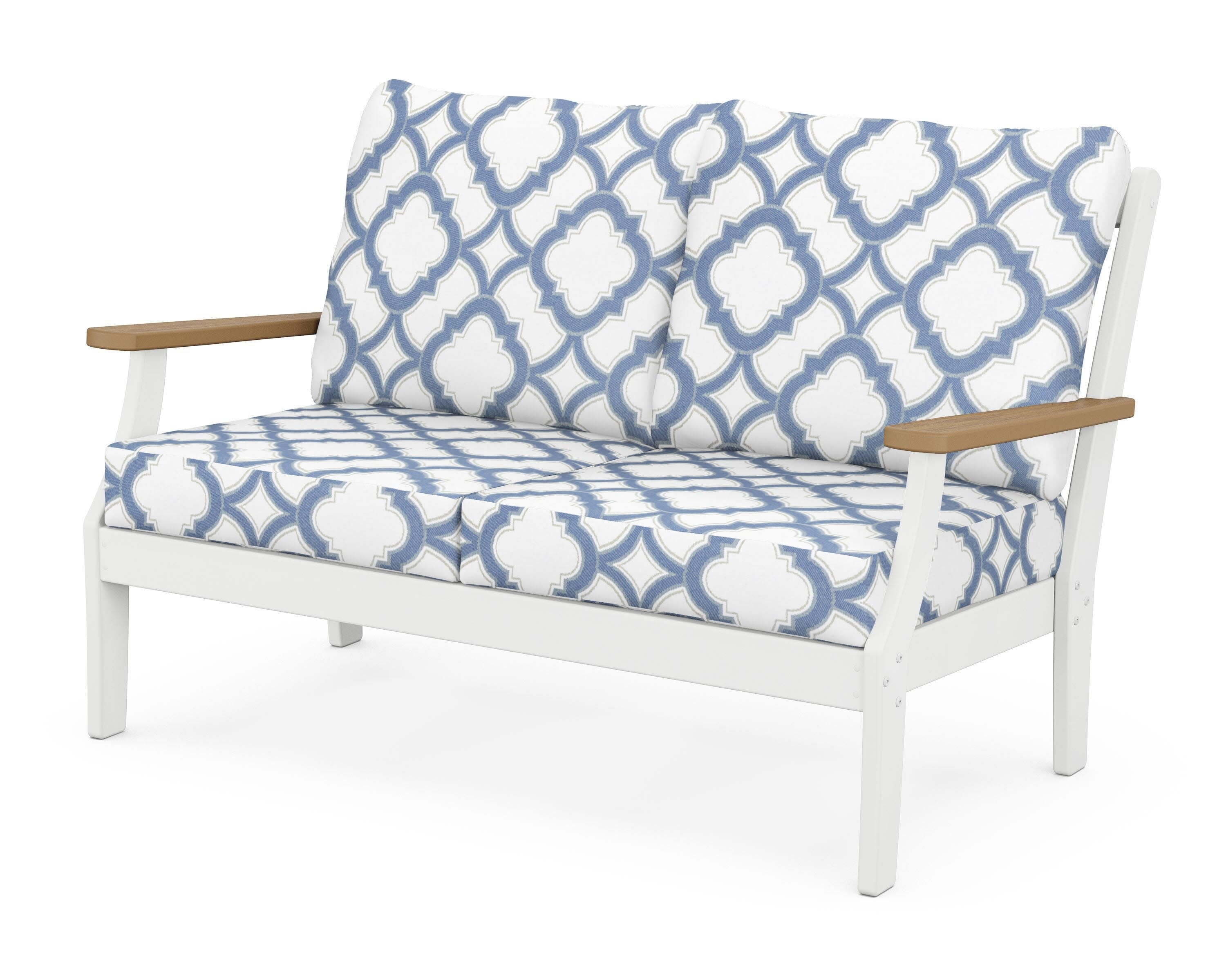 Braxton Deep Seating Loveseat in White / Natural / Trellis Sky Blue