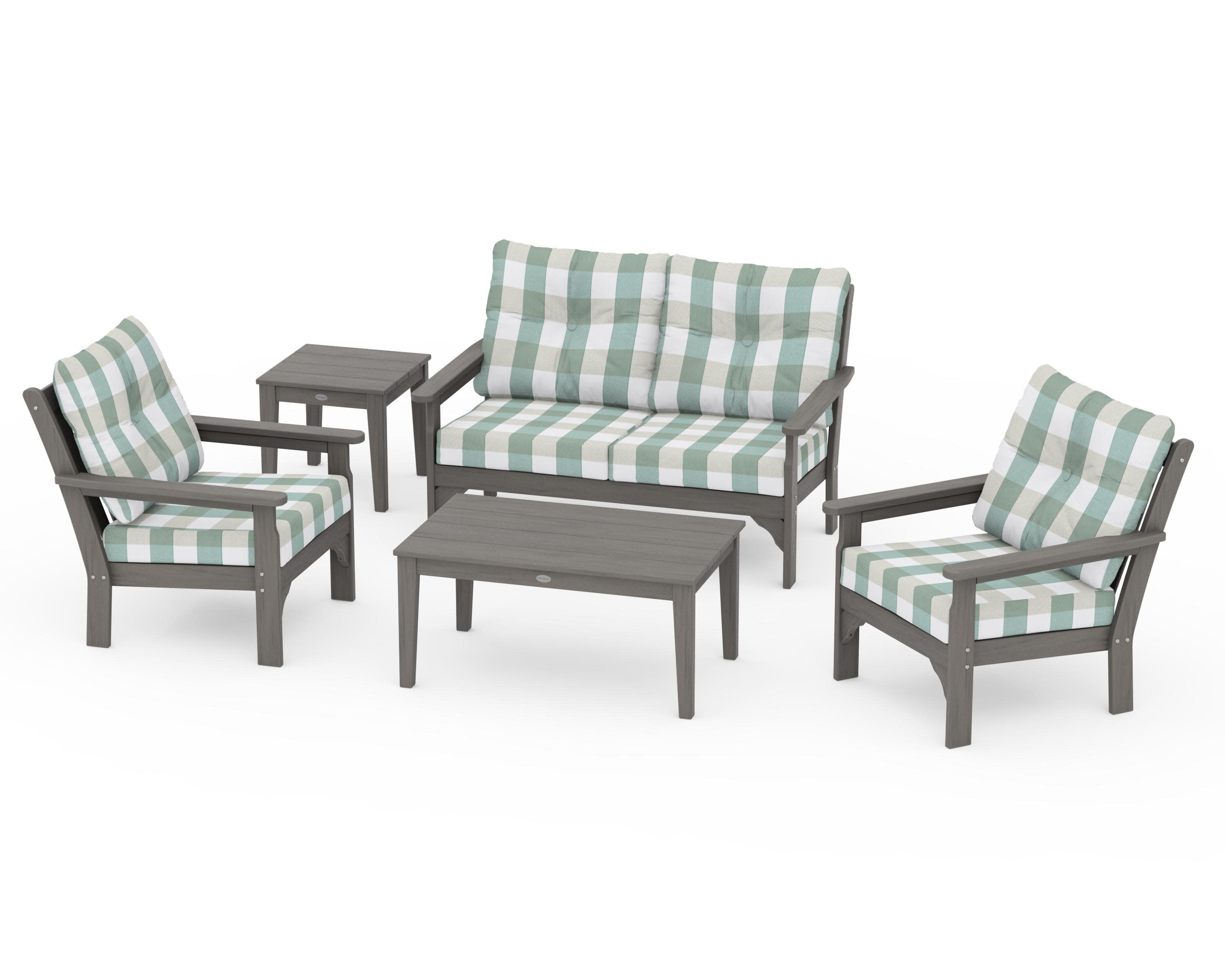 Vineyard 5-Piece Deep Seating Set in Driftwood / Buffalo Plaid Glacier Spa