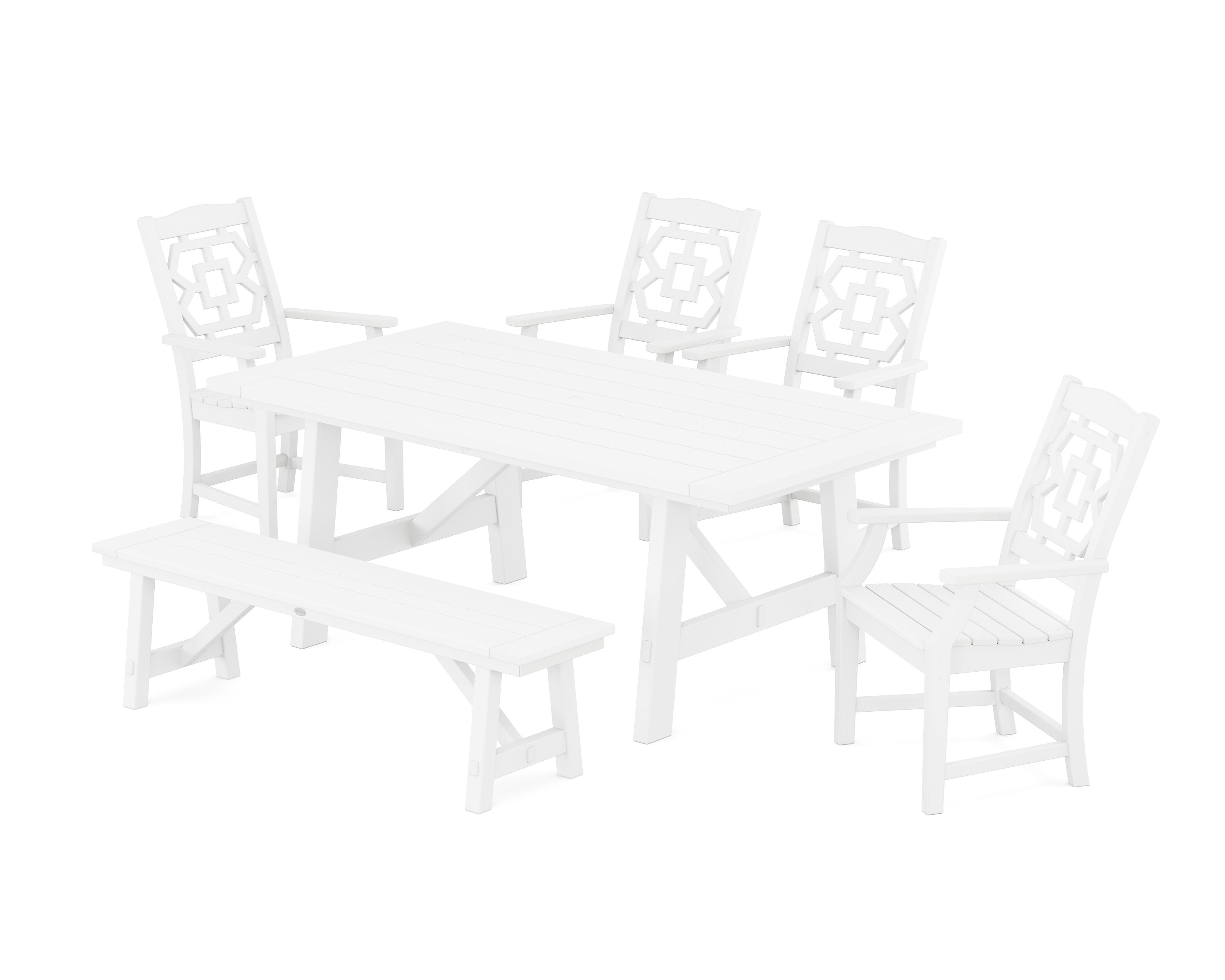 Chinoiserie 6-Piece Rustic Farmhouse Dining Set with Bench in White