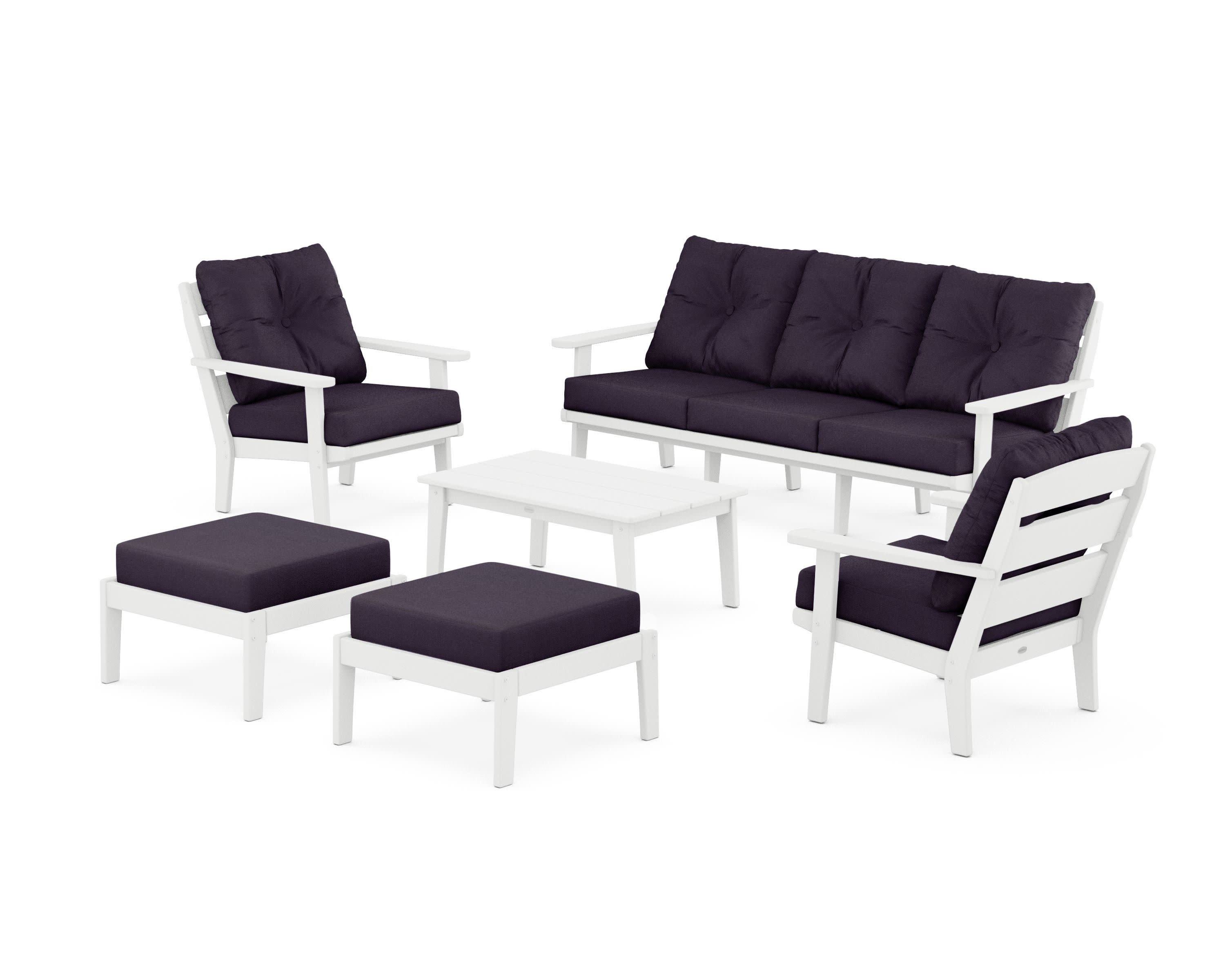 Lakeside 6-Piece Lounge Sofa Set in White / Navy Linen