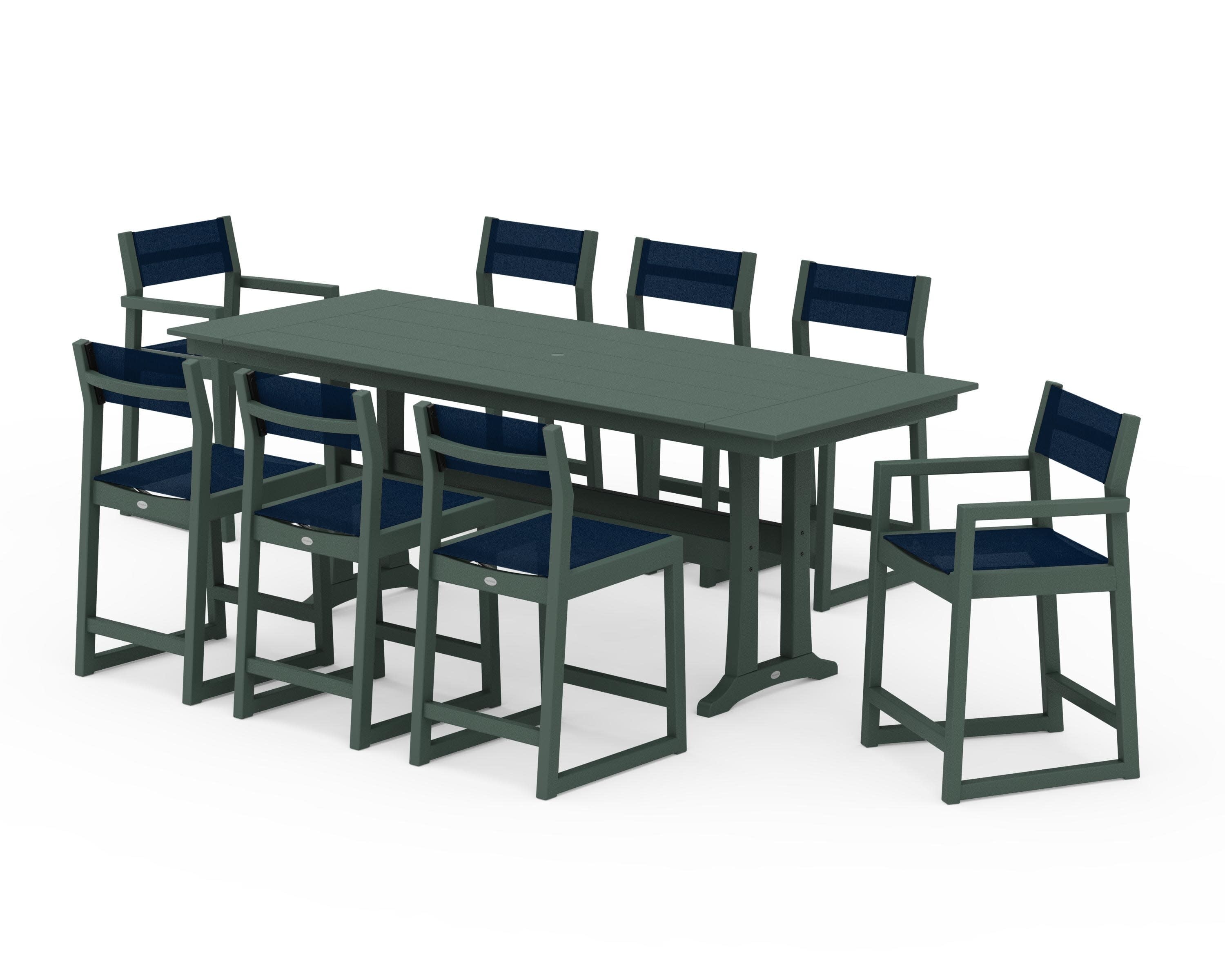 EDGE Sling 9-Piece Farmhouse Counter Set with Trestle Legs in Green / Navy Blue Sling