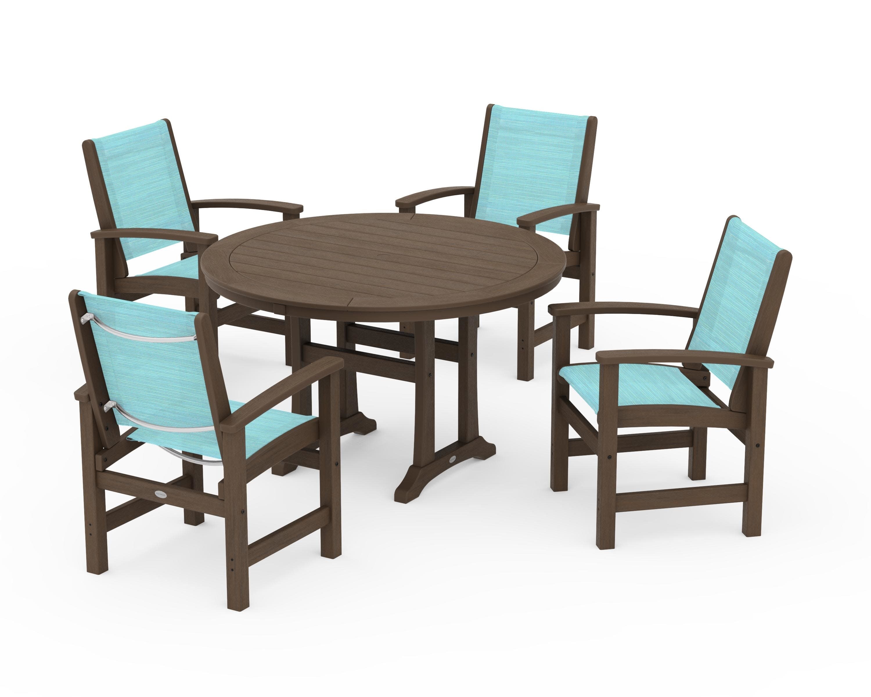 Coastal 5-Piece Round Dining Set with Trestle Legs in Kona / Dupioni Aquamarine Sling