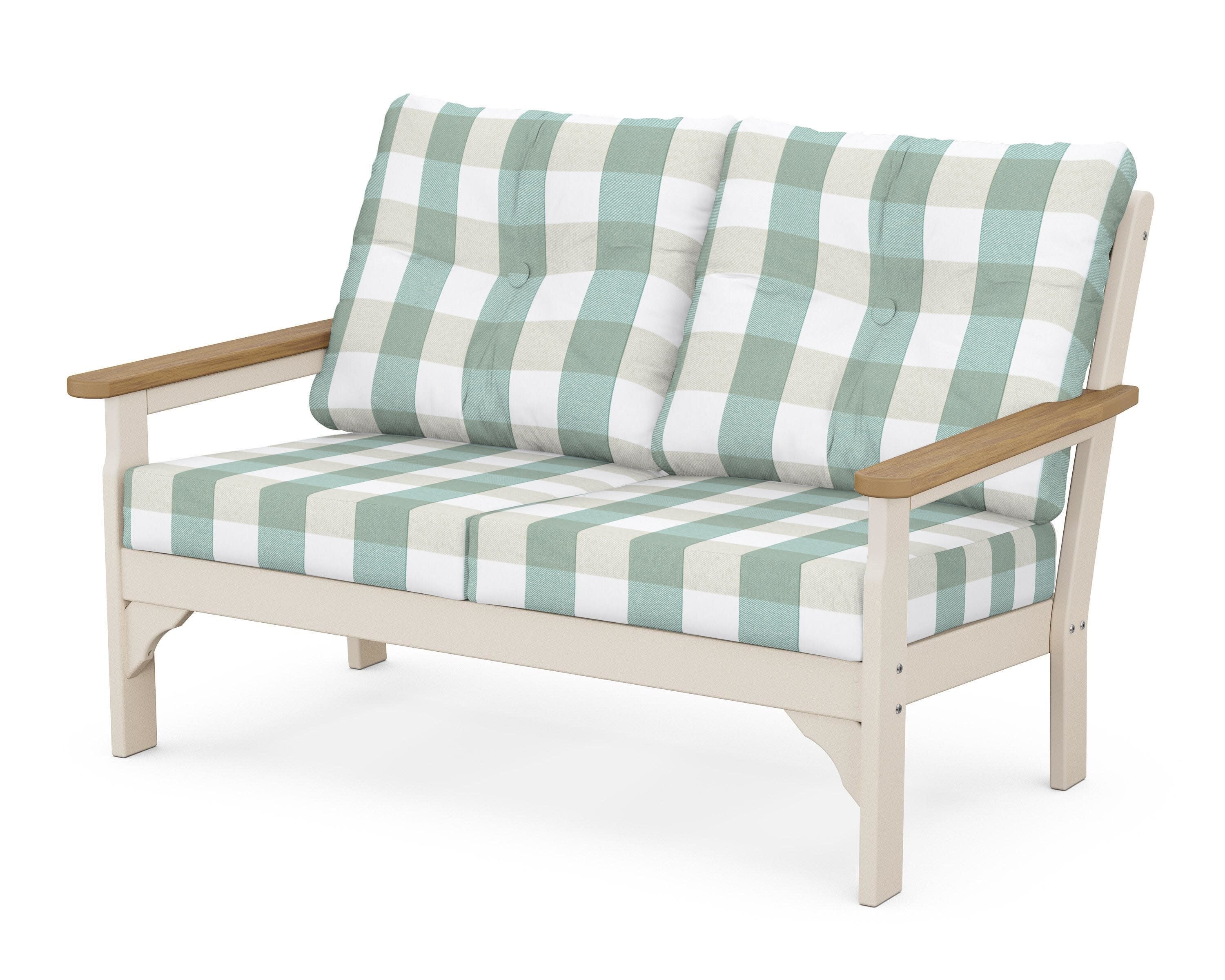 Vineyard Deep Seating Loveseat in Sand / Natural / Buffalo Plaid Glacier Spa