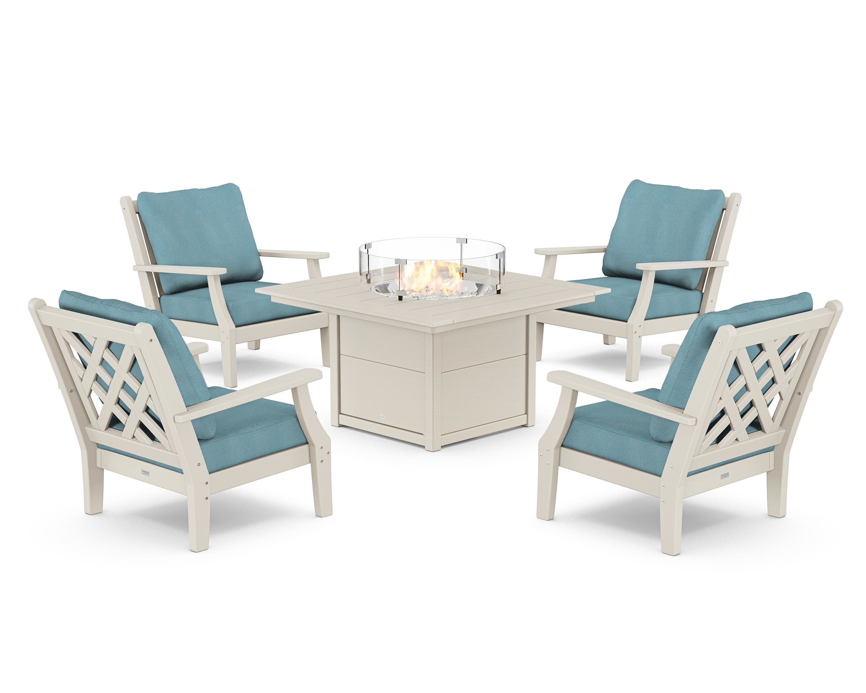 Wovendale 5-Piece Deep Seating Set with Fire Pit Table in Sand / Lattice Sky Blue