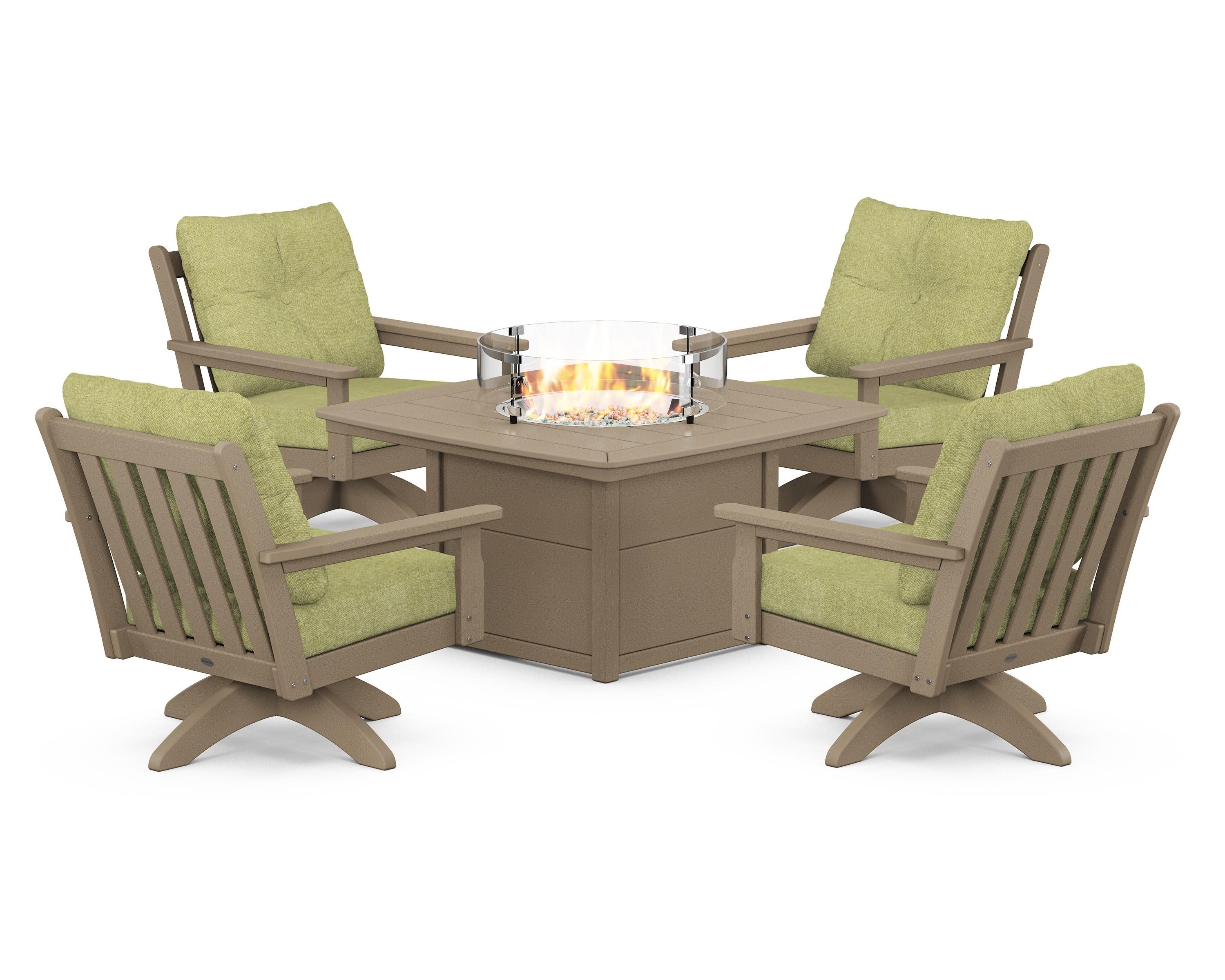 Vineyard 5-Piece Deep Seating Swivel Conversation Set with Fire Pit Table in Vintage Sahara / Chartreuse Boucle