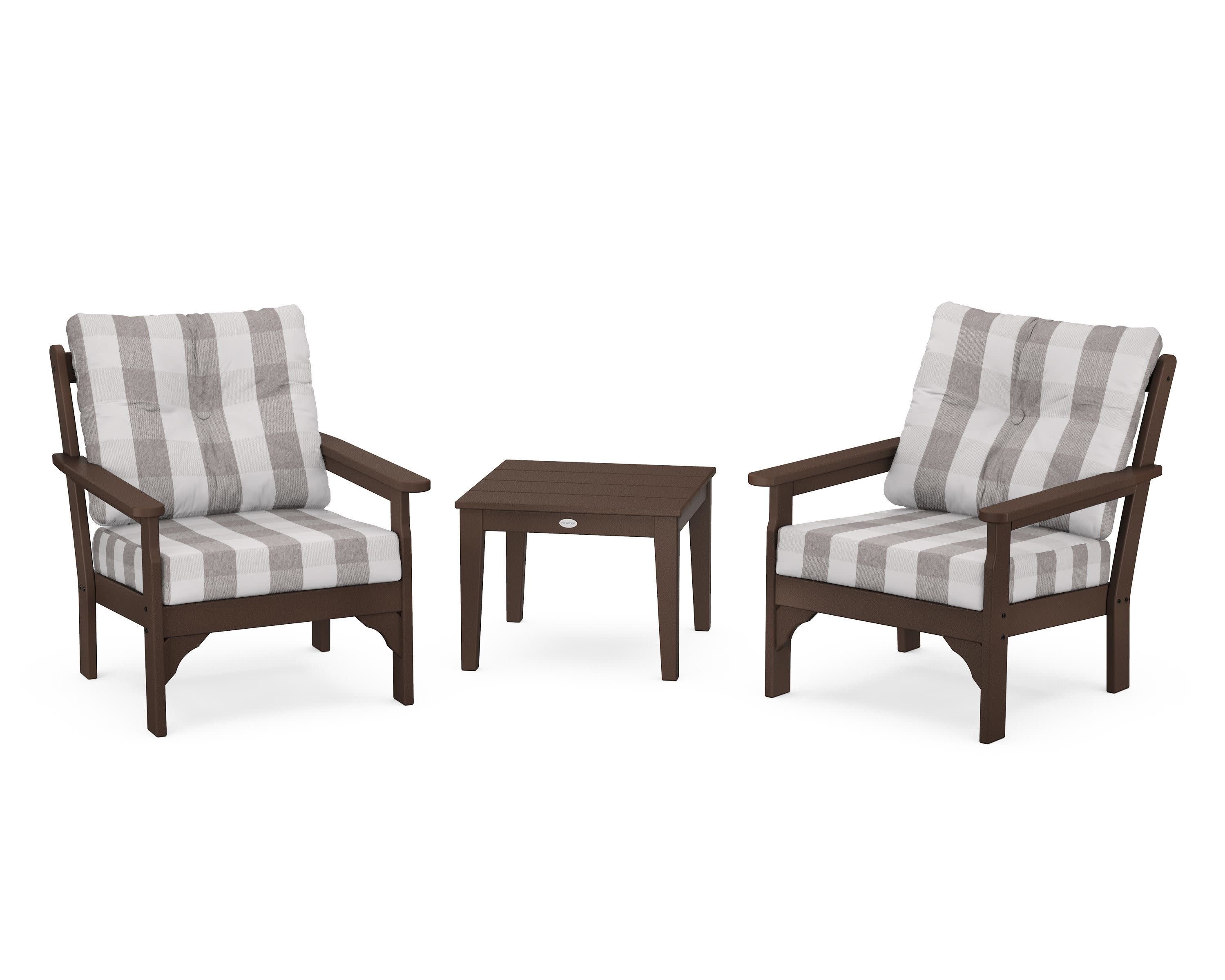 Vineyard 3-Piece Deep Seating Set in Mahogany / Buffalo Plaid Grey Mist