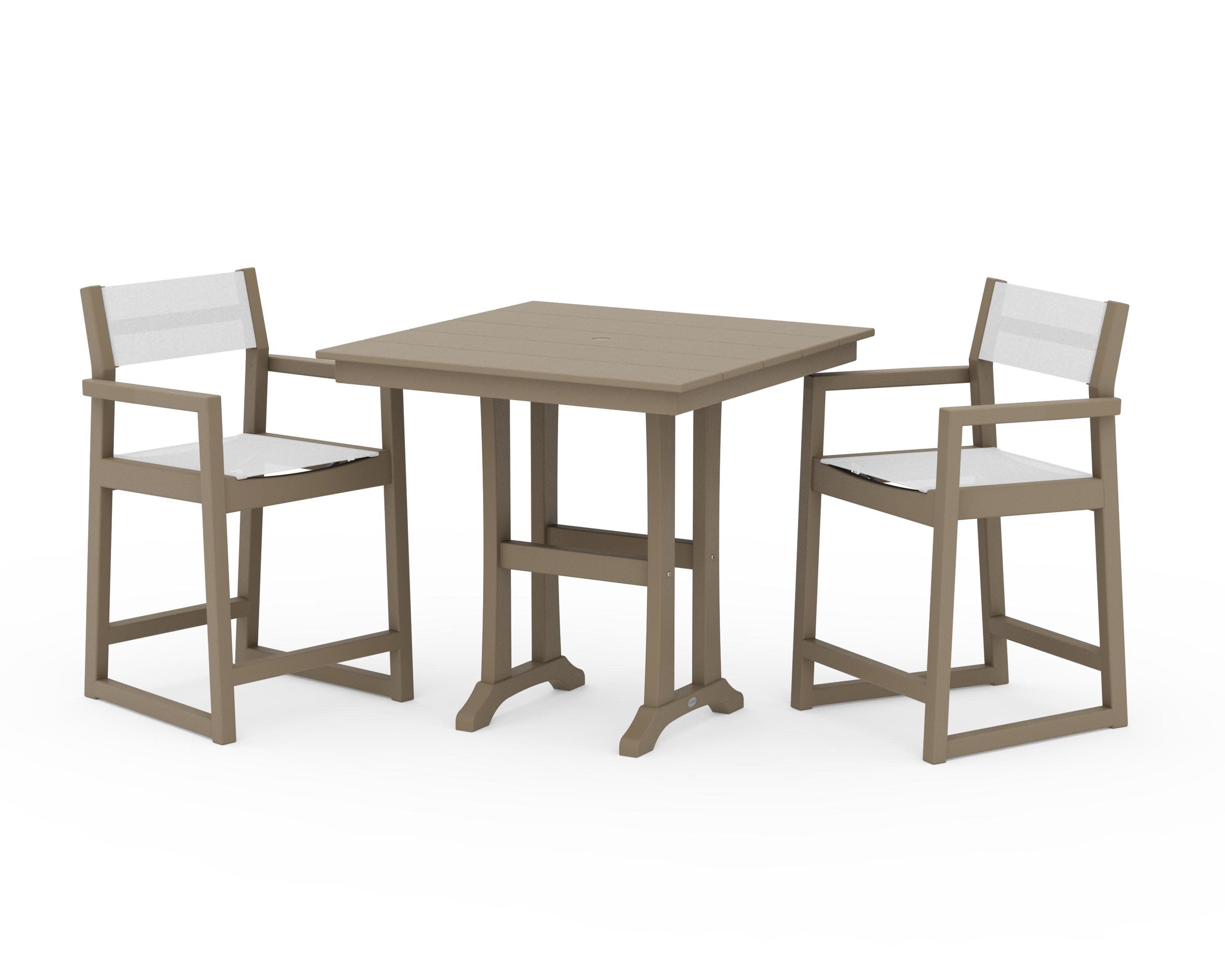 EDGE Sling Arm Chair 3-Piece Farmhouse Counter Set with Trestle Legs in Vintage Sahara / White Sling
