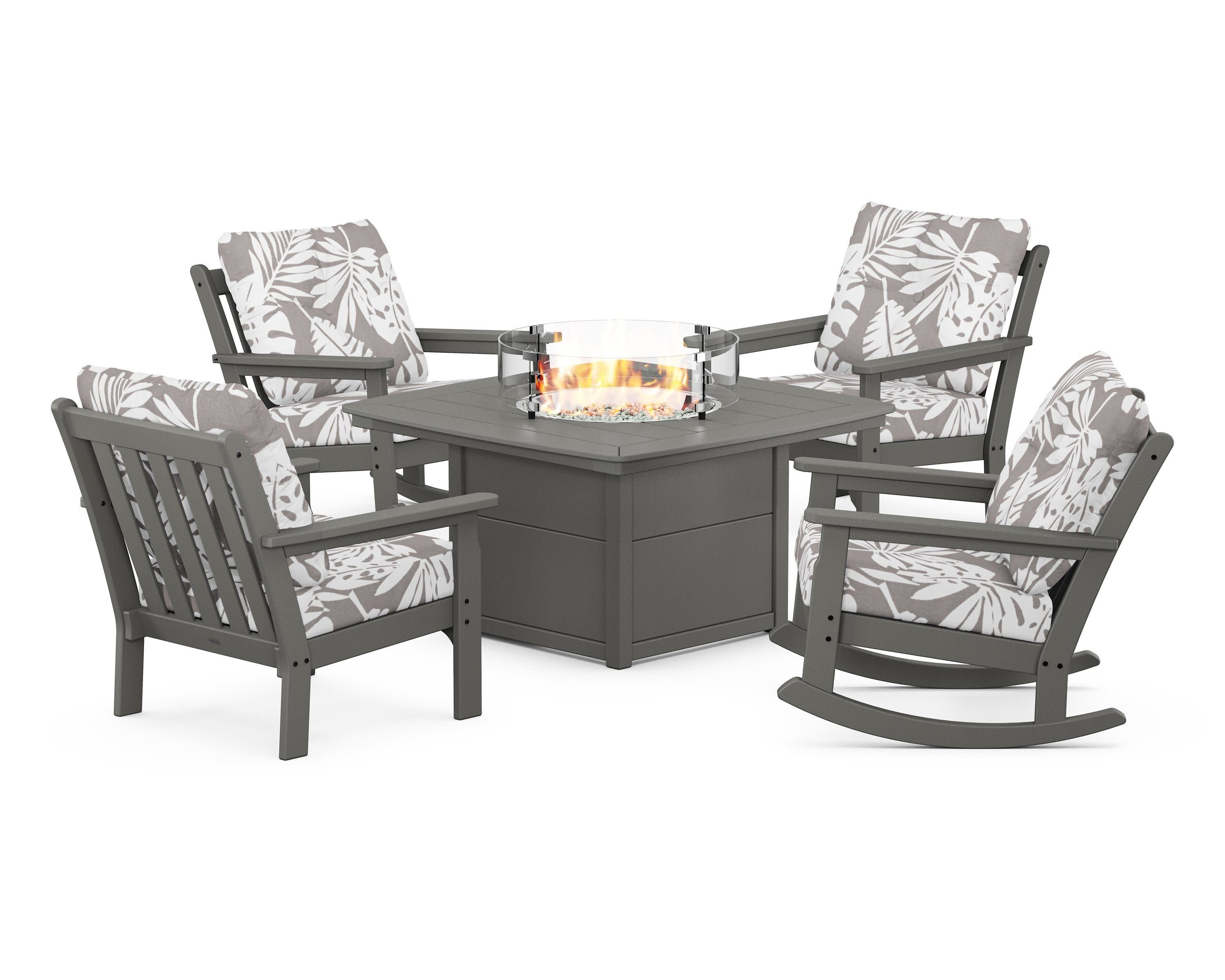 Vineyard 5-Piece Deep Seating Rocking Chair Conversation Set with Fire Pit Table in Slate Grey / Leaf Grey Mist
