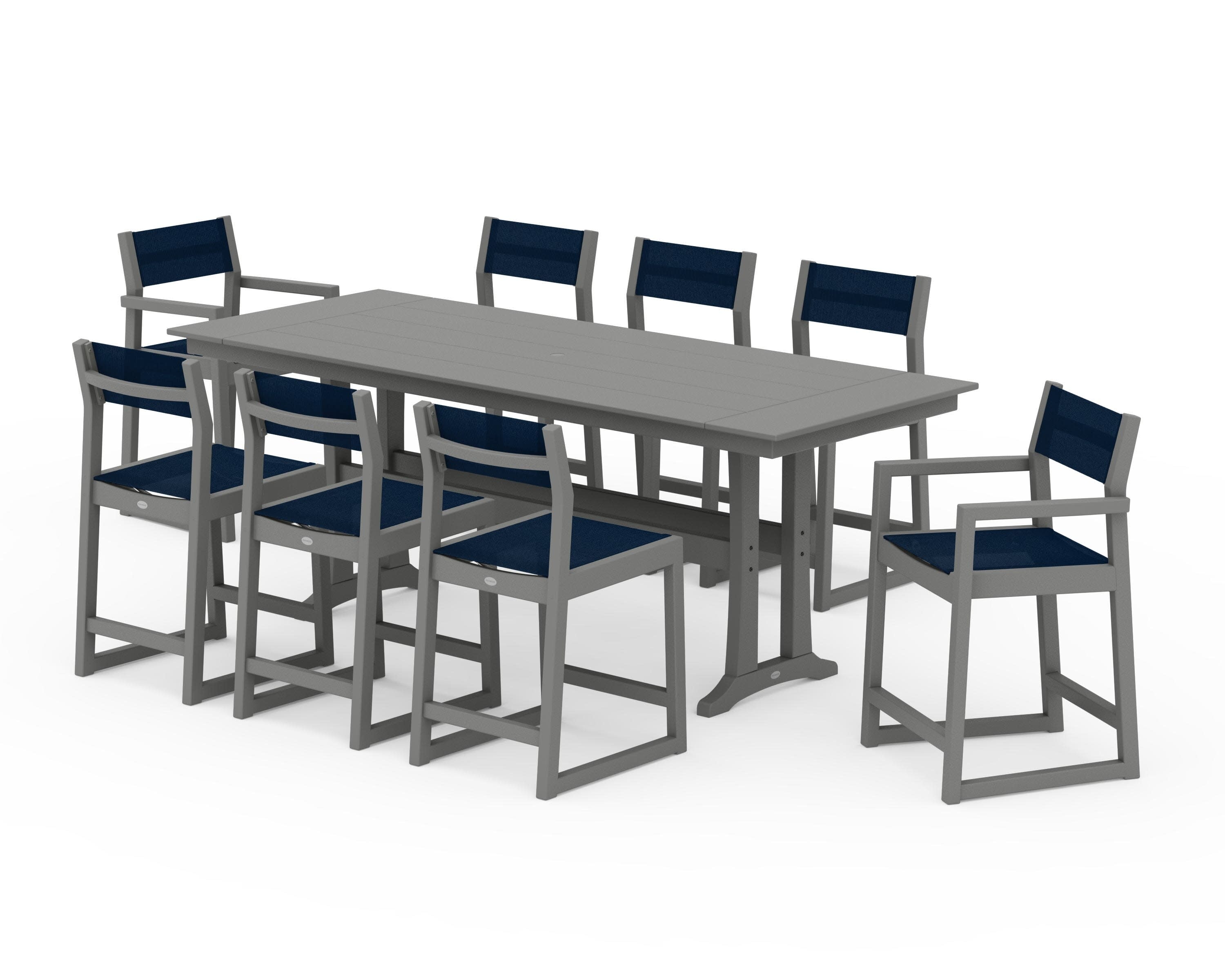EDGE Sling 9-Piece Farmhouse Counter Set with Trestle Legs in Slate Grey / Navy Blue Sling