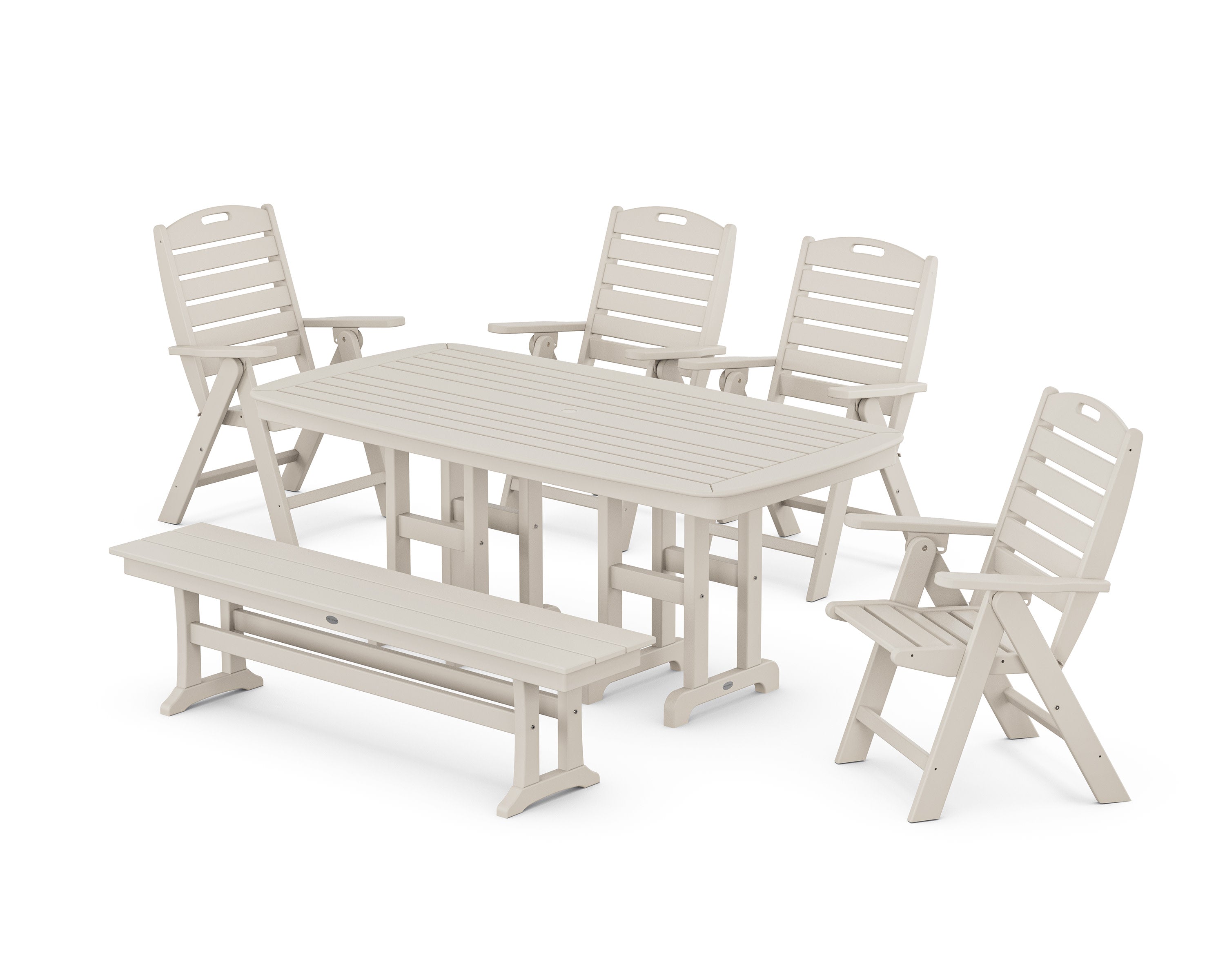 Nautical Highback 6-Piece Dining Set with Bench in Sand