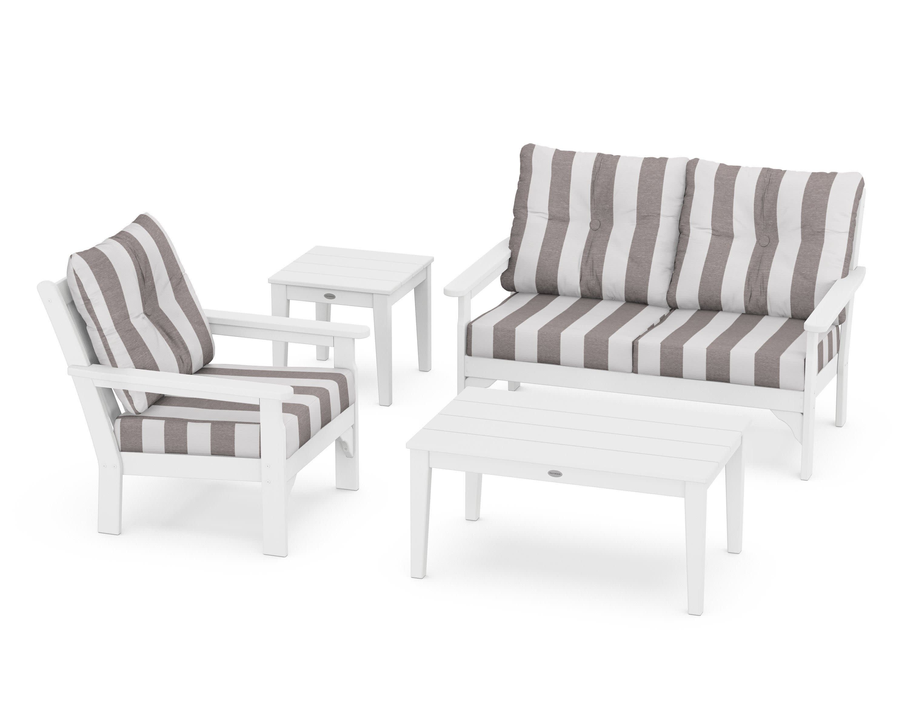 Vineyard 4-Piece Deep Seating Set in White / Cabana Stripe Grey Mist
