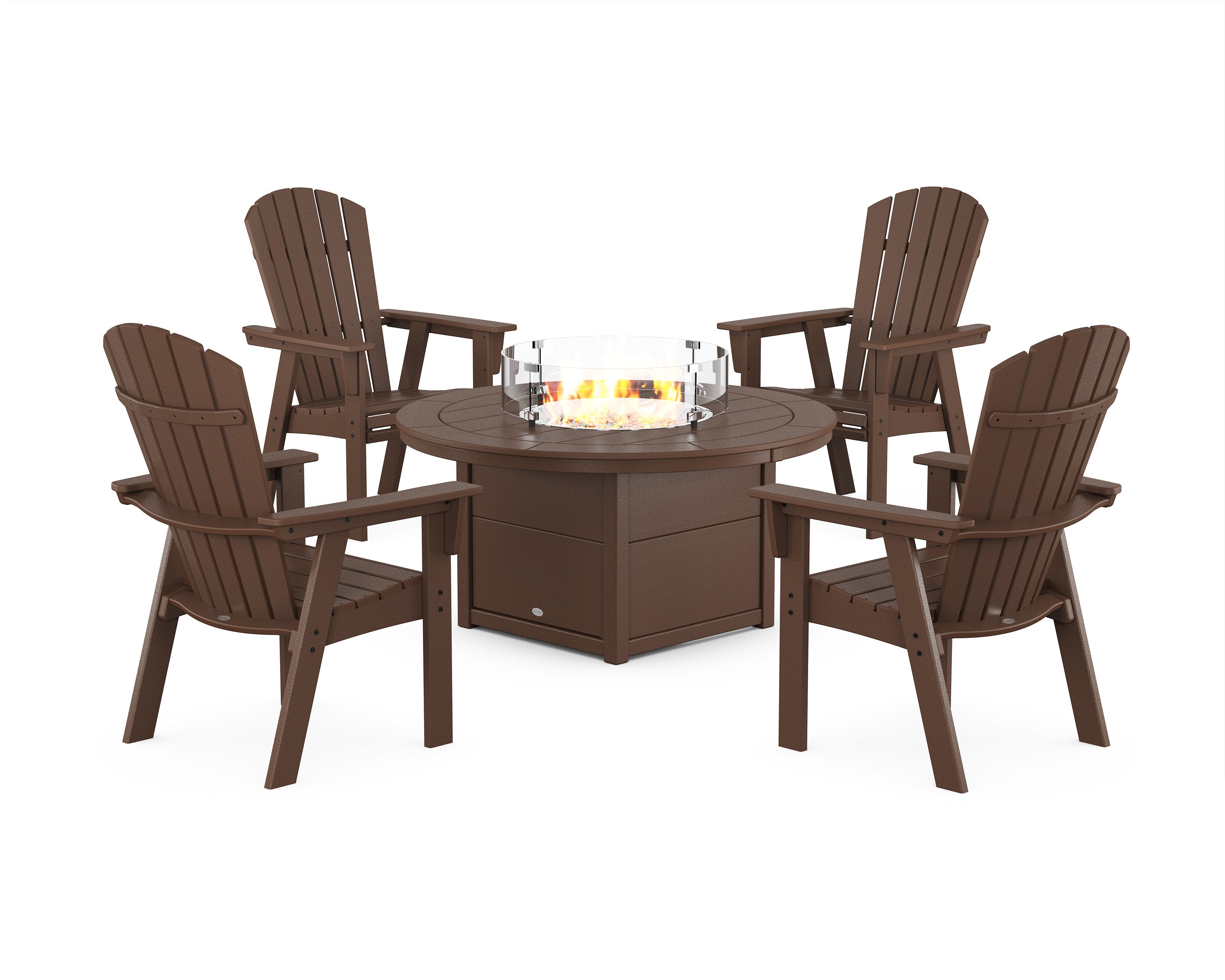 Nautical 4-Piece Curveback Upright Adirondack Conversation Set with Fire Pit Table in Mahogany
