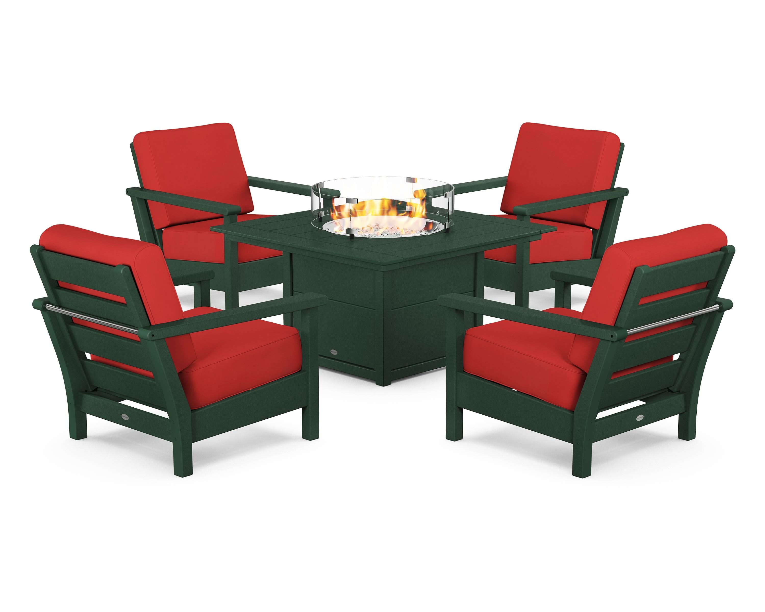Harbour 5-Piece Conversation Set with Fire Pit Table in Green / Crimson Linen
