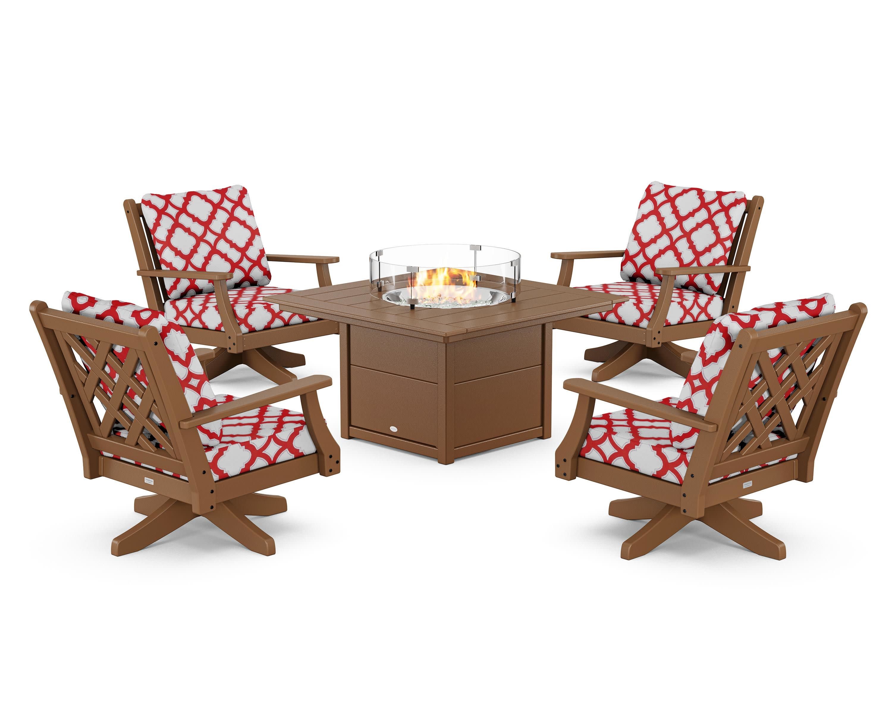 Wovendale 5-Piece Deep Seating Swivel Conversation Set with Fire Pit Table in Teak / Trellis Crimson