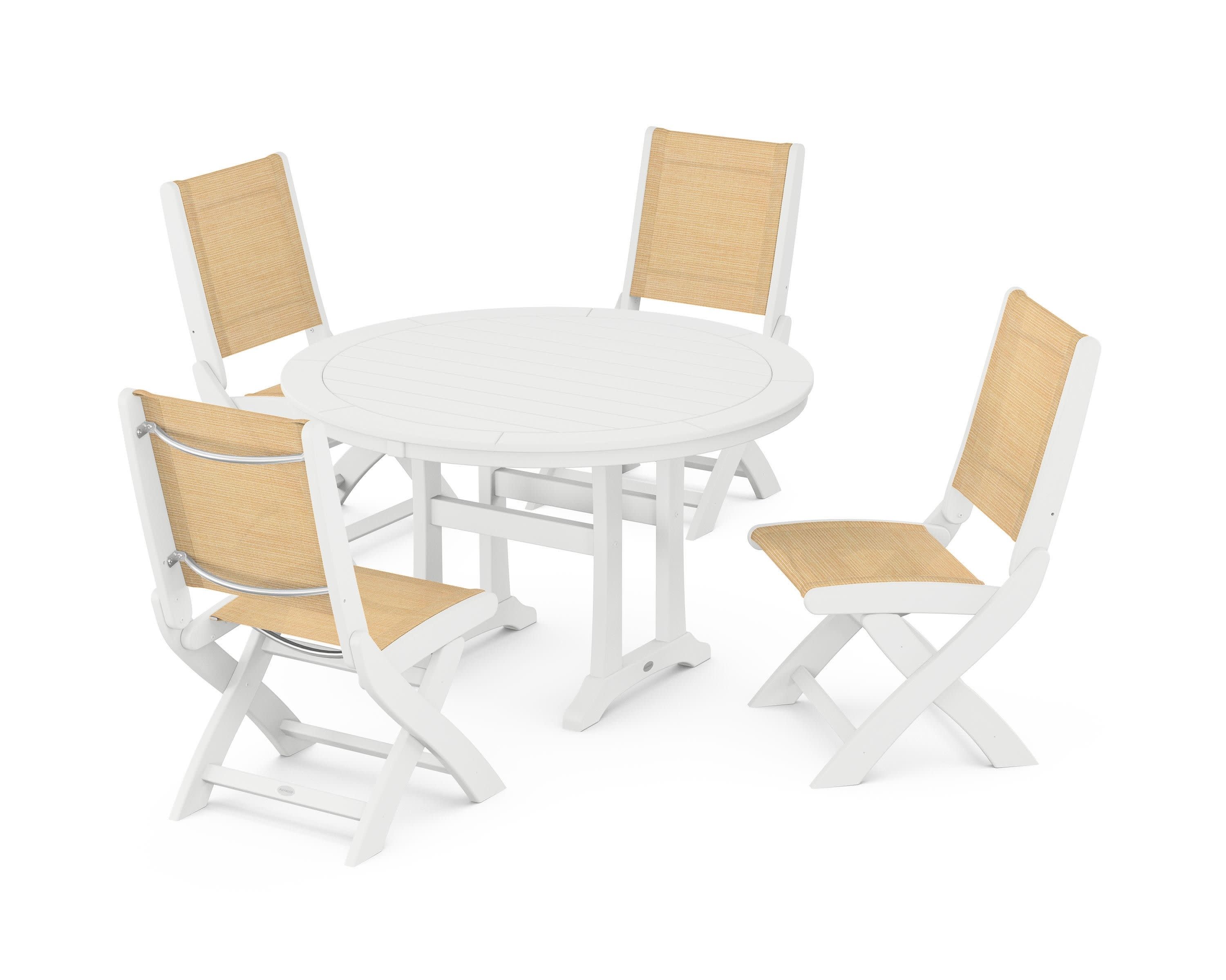 Coastal Folding Side Chair 5-Piece Round Dining Set With Trestle Legs in White / Dupioni Apricot Sling