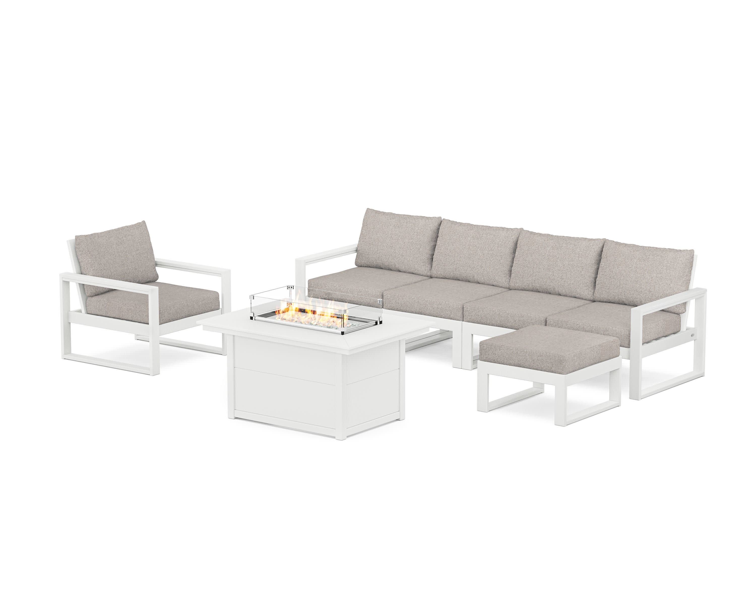 EDGE Sectional Lounge and Fire Pit Set in White / Weathered Tweed