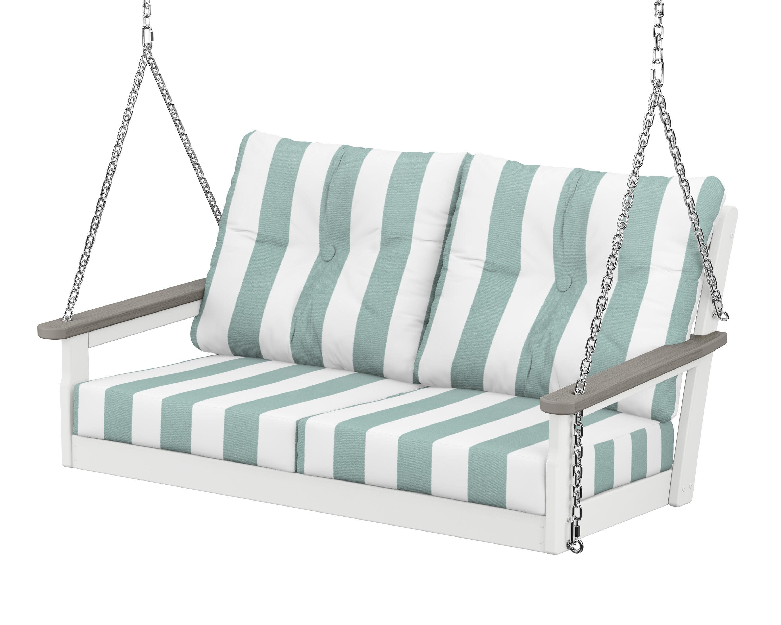 Vineyard Deep Seating Swing in White / Driftwood / Cabana Stripe Glacier Spa