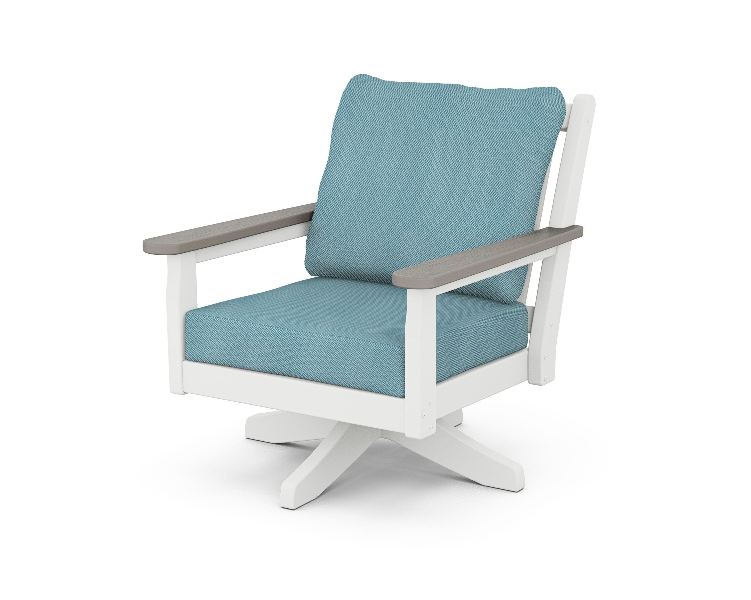 Chippendale Deep Seating Swivel Chair in White / Driftwood / Lattice Sky Blue