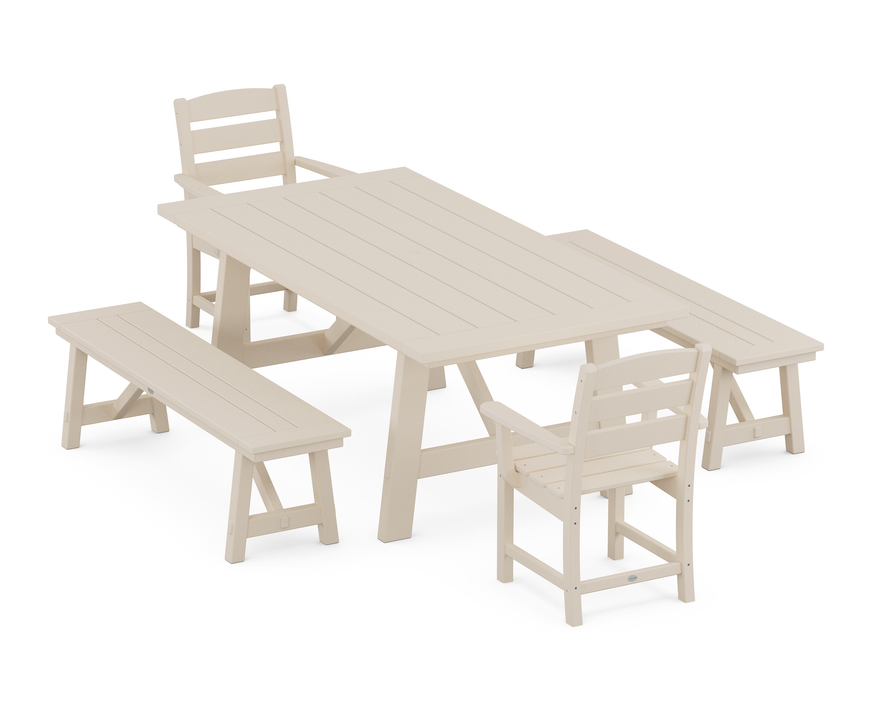Lakeside 5-Piece Rustic Farmhouse Dining Set With Benches in Sand