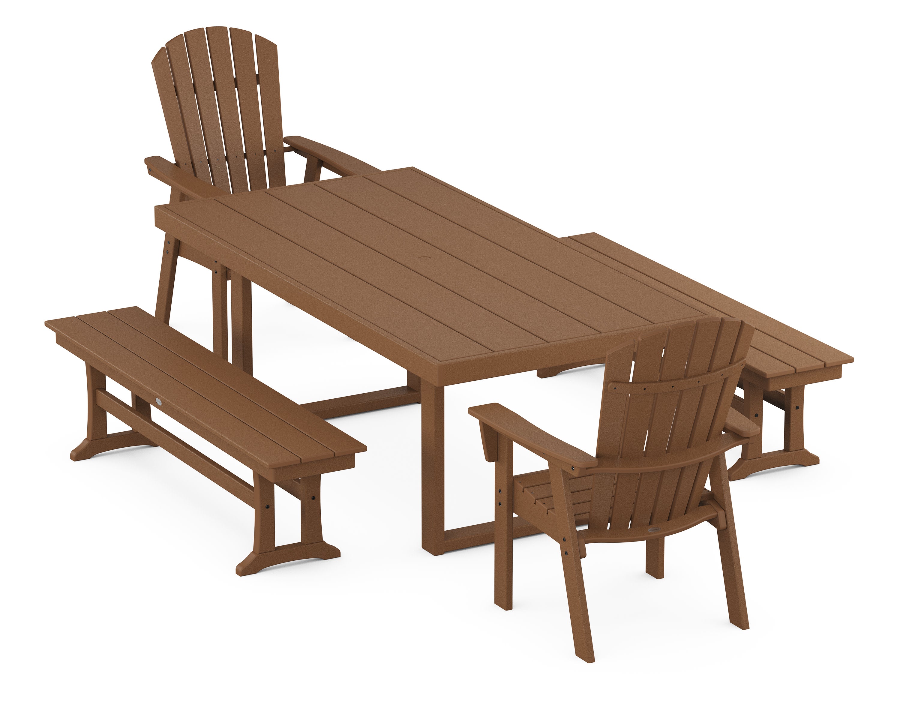 Nautical Curveback Adirondack 5-Piece Dining Set with Benches in Teak