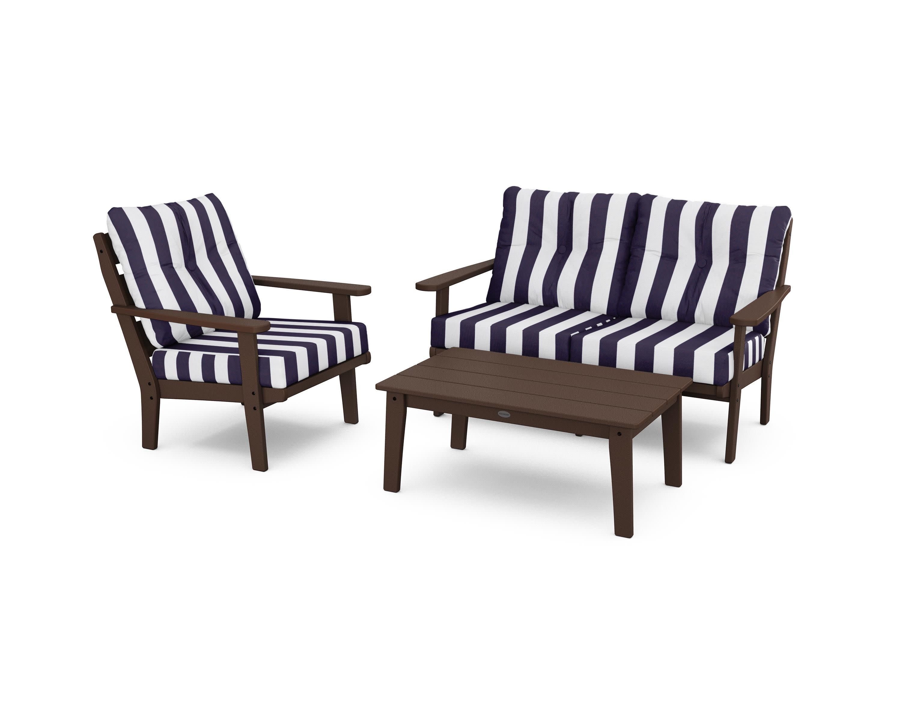 Lakeside 3-Piece Deep Seating Set in Mahogany / Cabana Stripe Navy