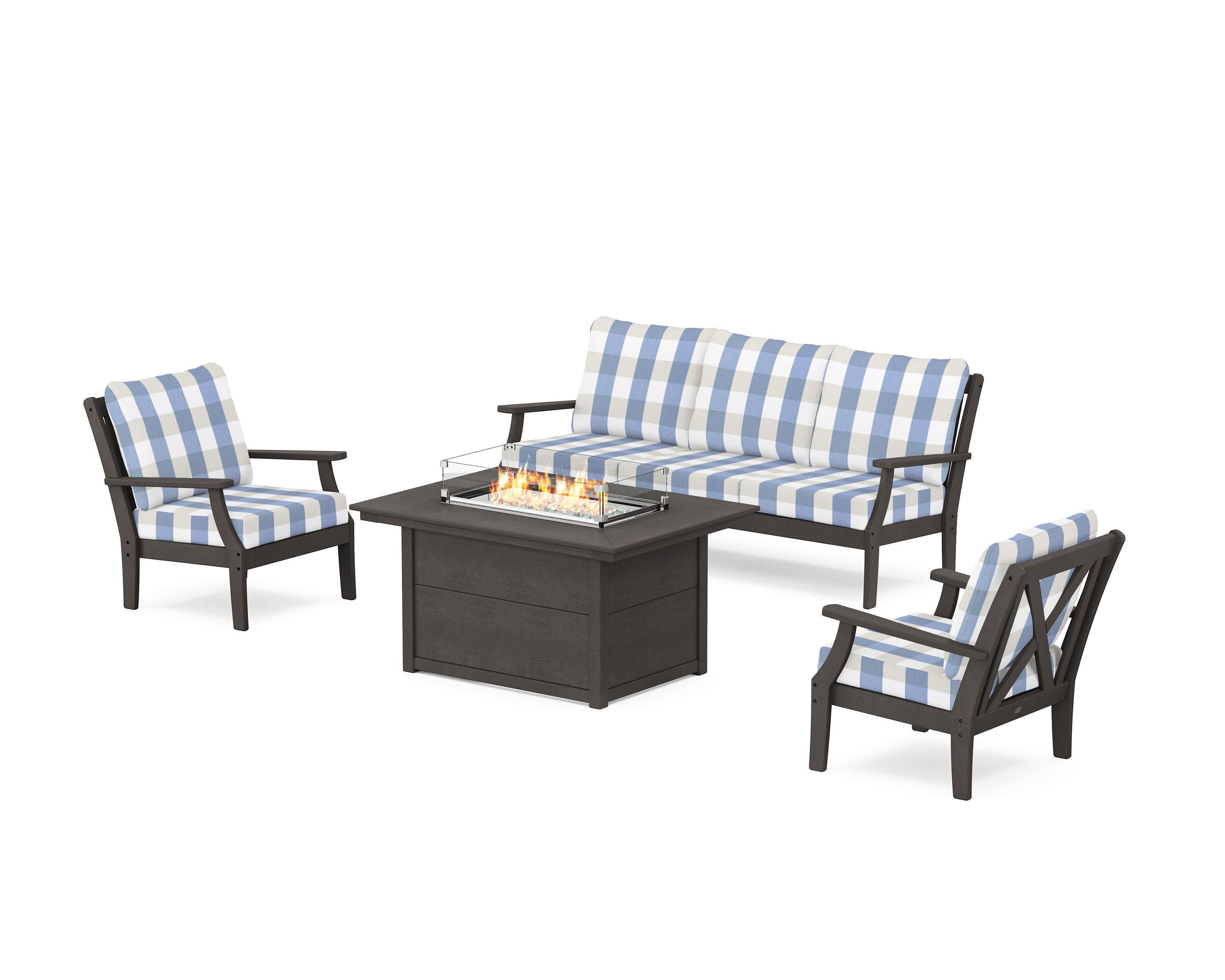Braxton Deep Seating Fire Pit Table Set in Vintage Coffee / Buffalo Plaid Sky Blue