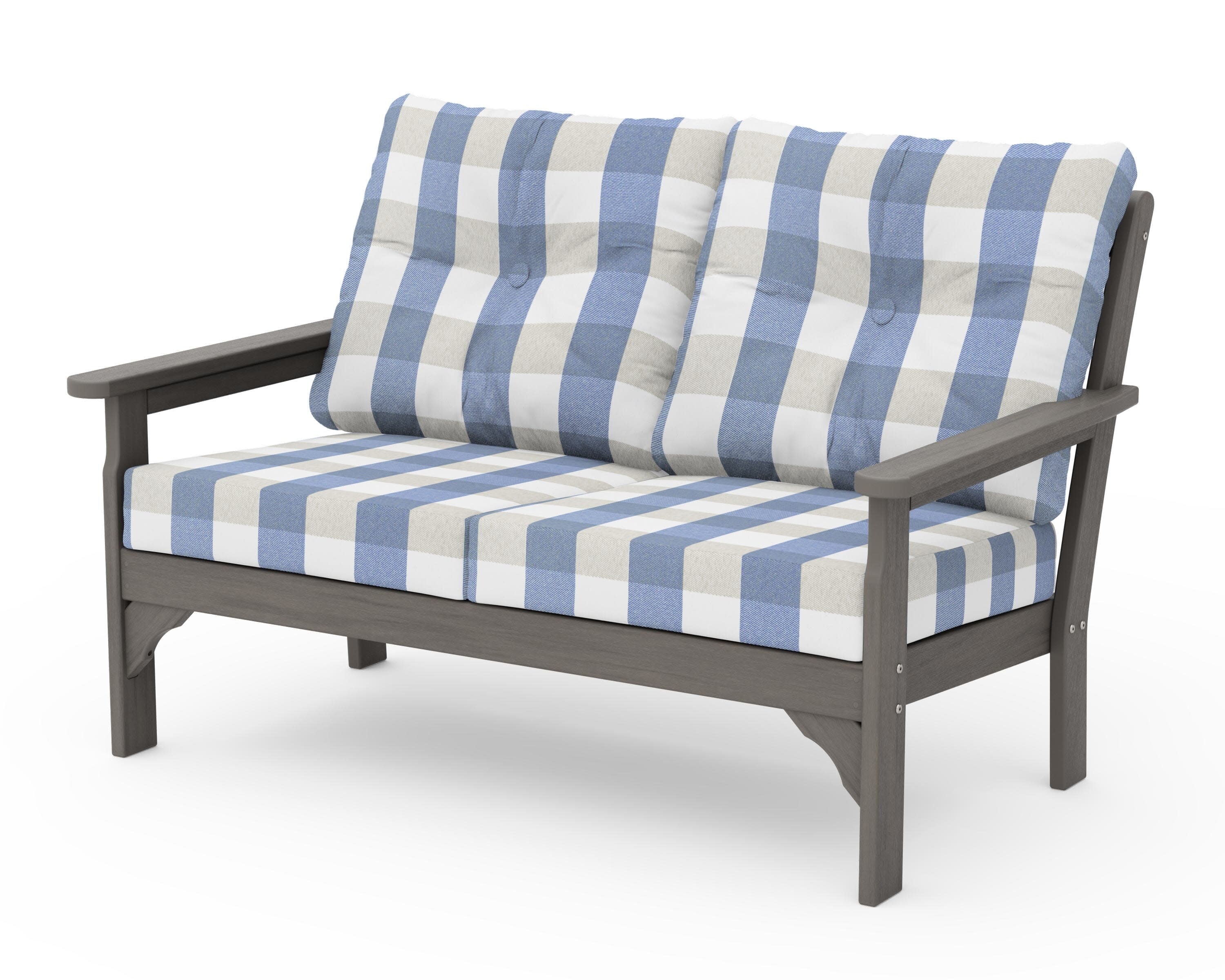 Vineyard Deep Seating Loveseat in Driftwood / Buffalo Plaid Sky Blue
