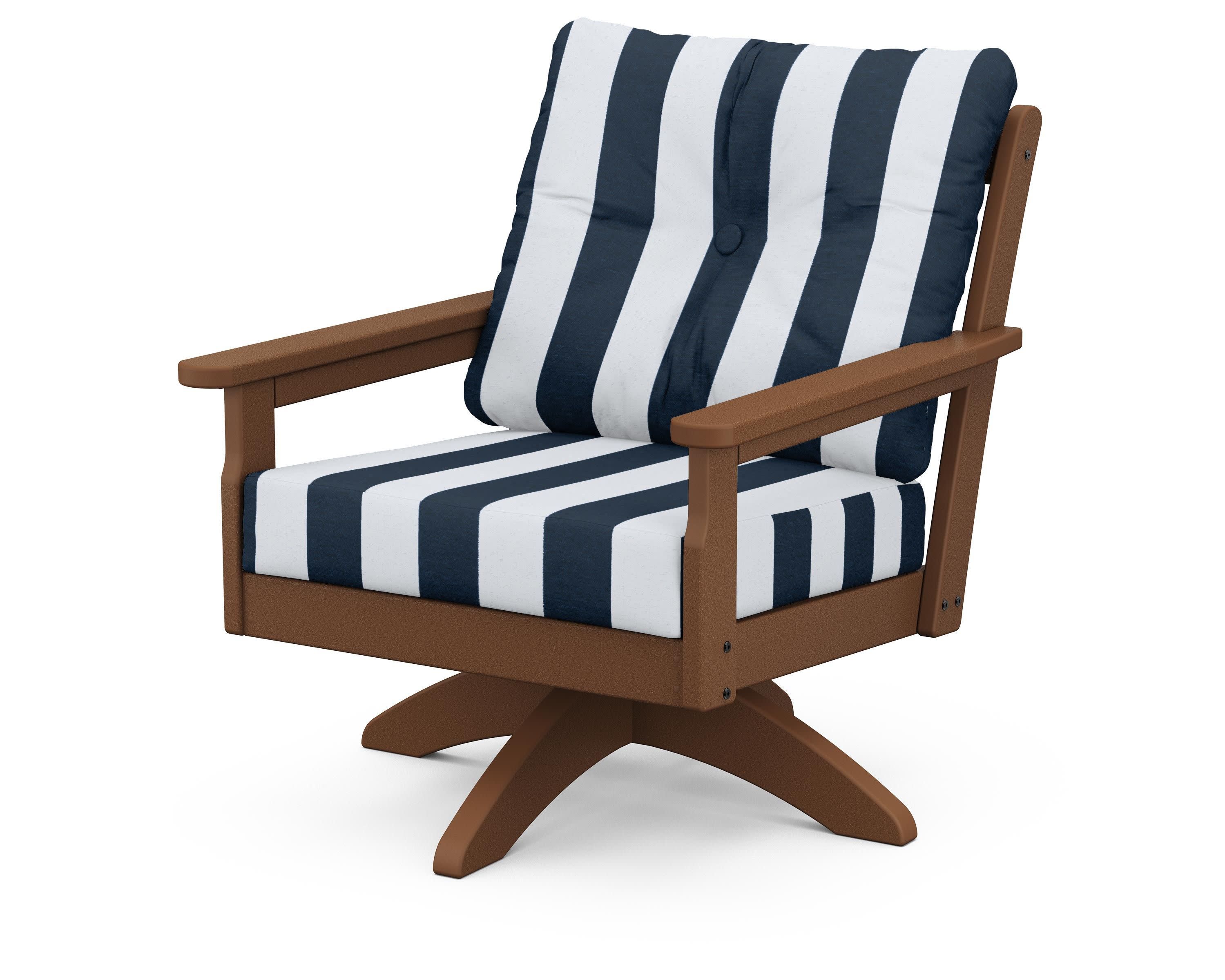 Vineyard Deep Seating Swivel Chair in Teak / Cabana Stripe Marine Indigo