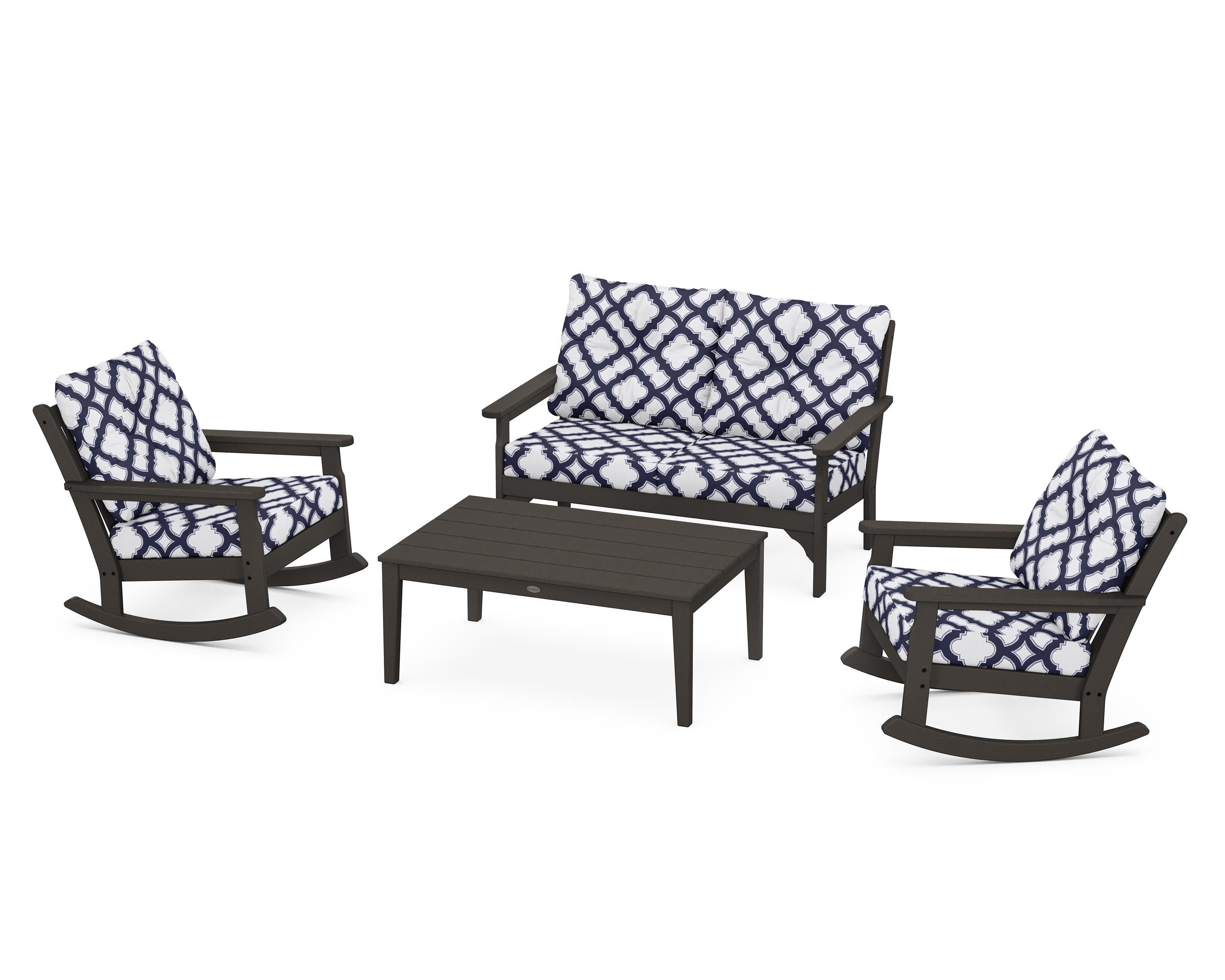 Vineyard 4-Piece Deep Seating Rocking Chair Set in Vintage Coffee / Trellis Navy
