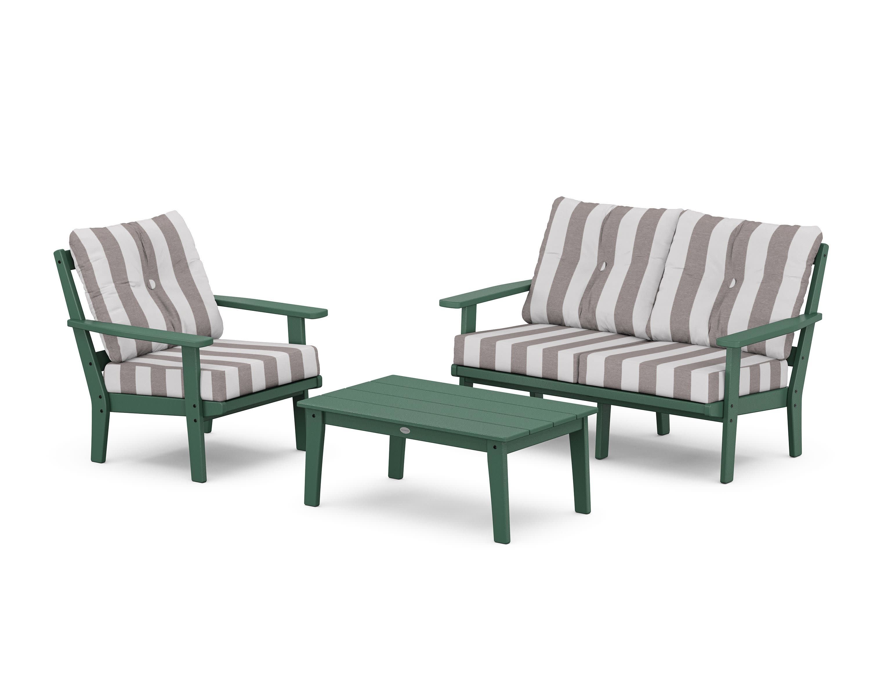 Oxford 3-Piece Deep Seating Set with Loveseat in Green / Cabana Stripe Grey Mist