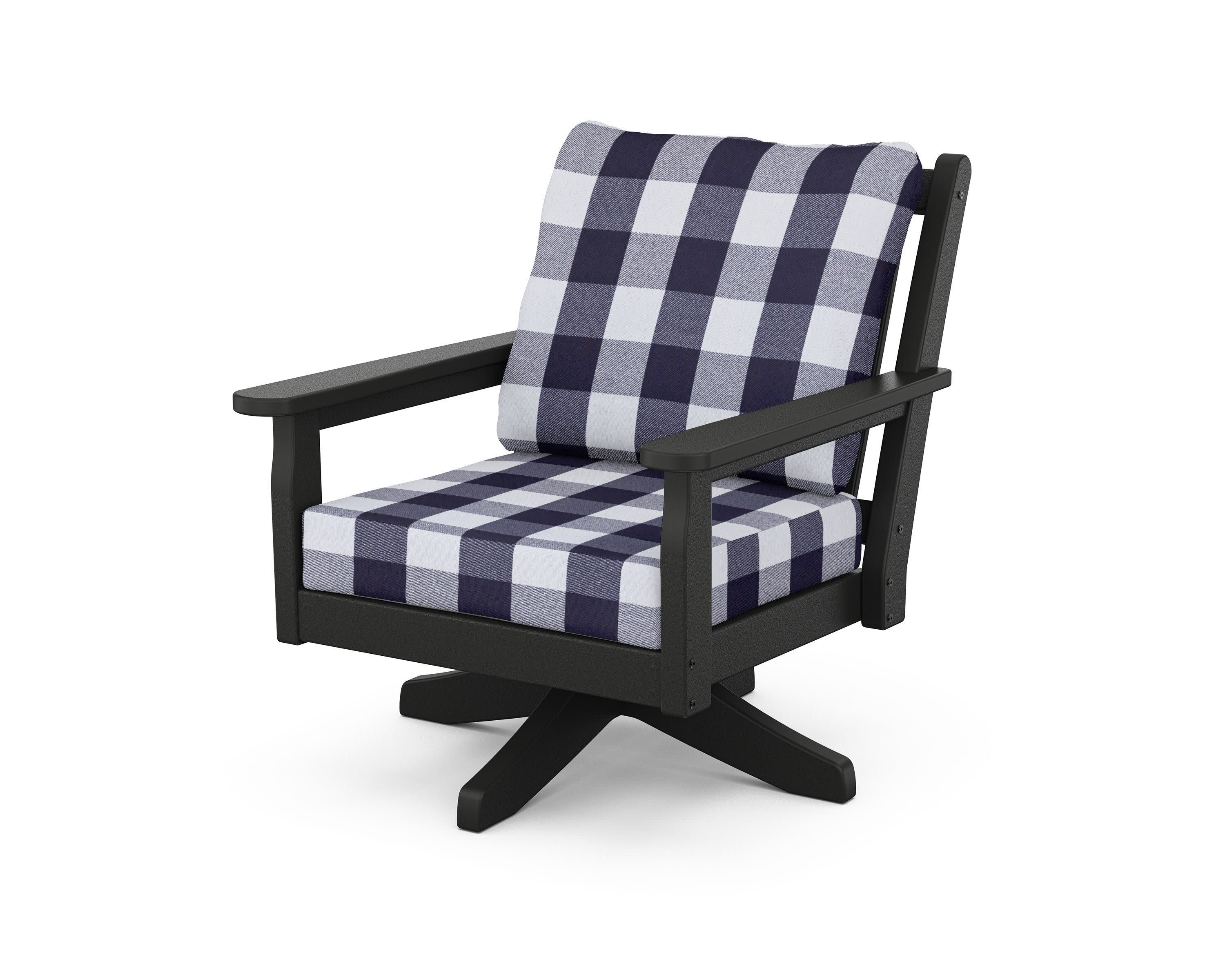 Chippendale Deep Seating Swivel Chair in Black / Buffalo Plaid Navy