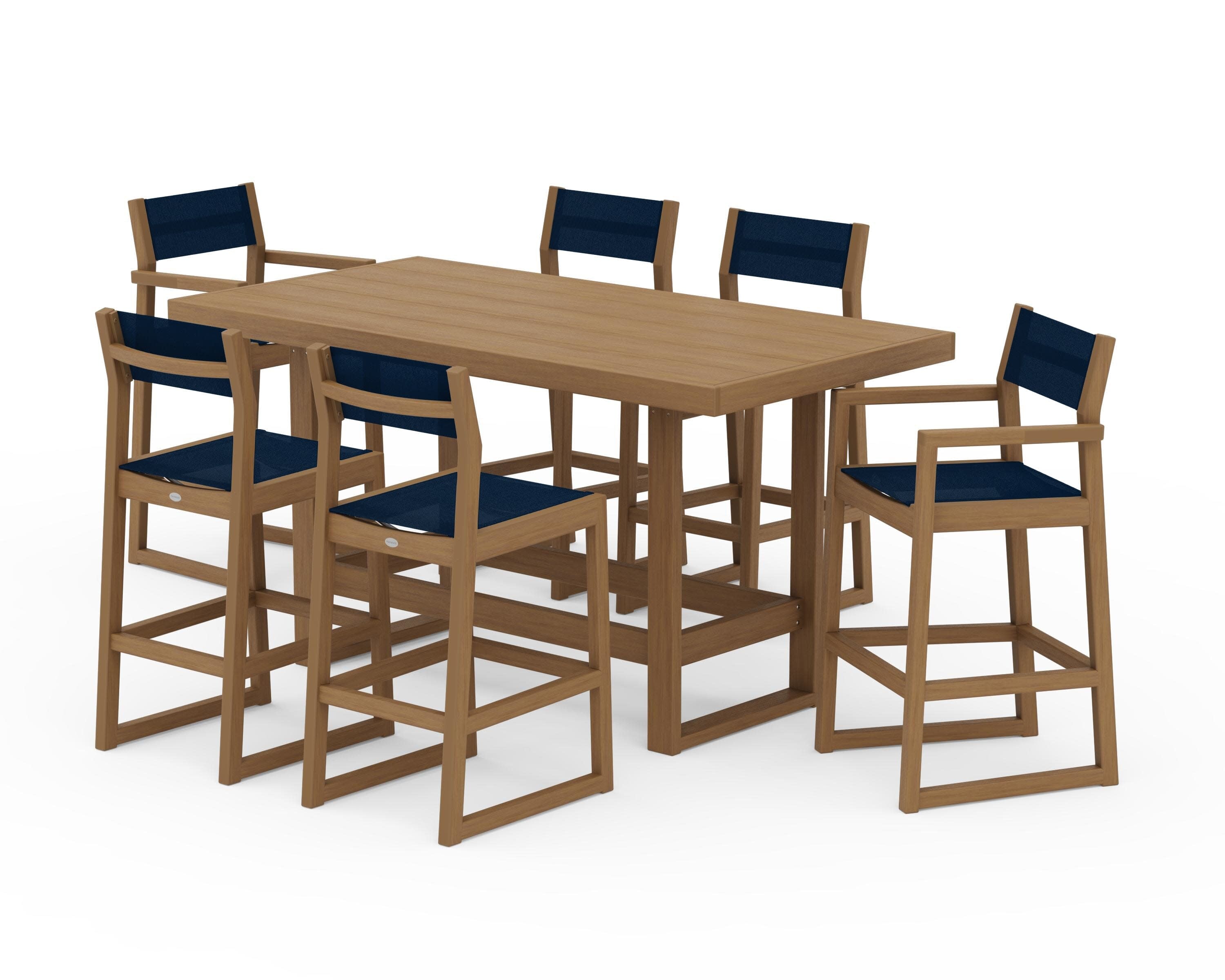 EDGE Sling 7-Piece Bar Table Set in Natural / Navy Blue Sling