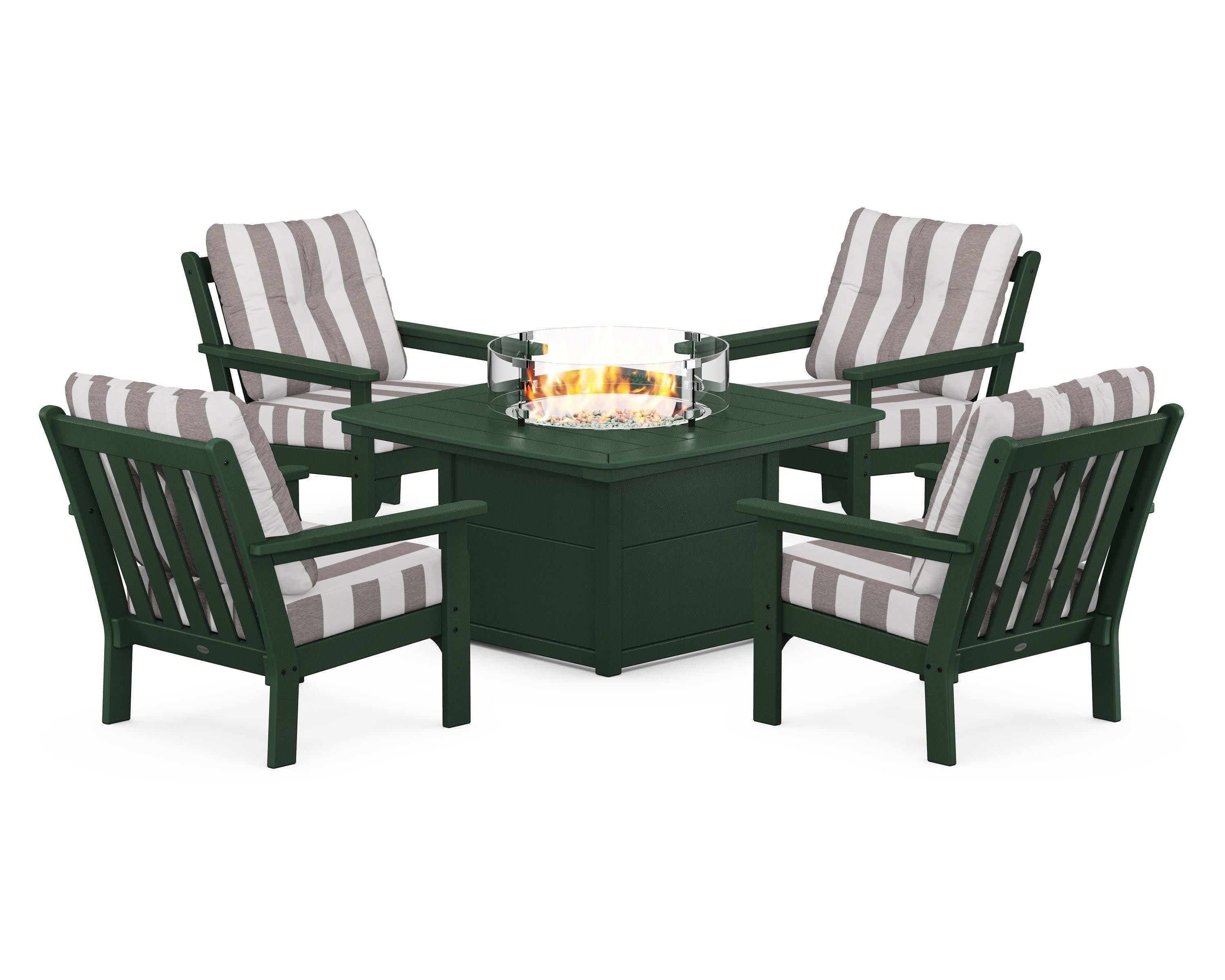 Vineyard 5-Piece Conversation Set with Fire Pit Table in Green / Cabana Stripe Grey Mist
