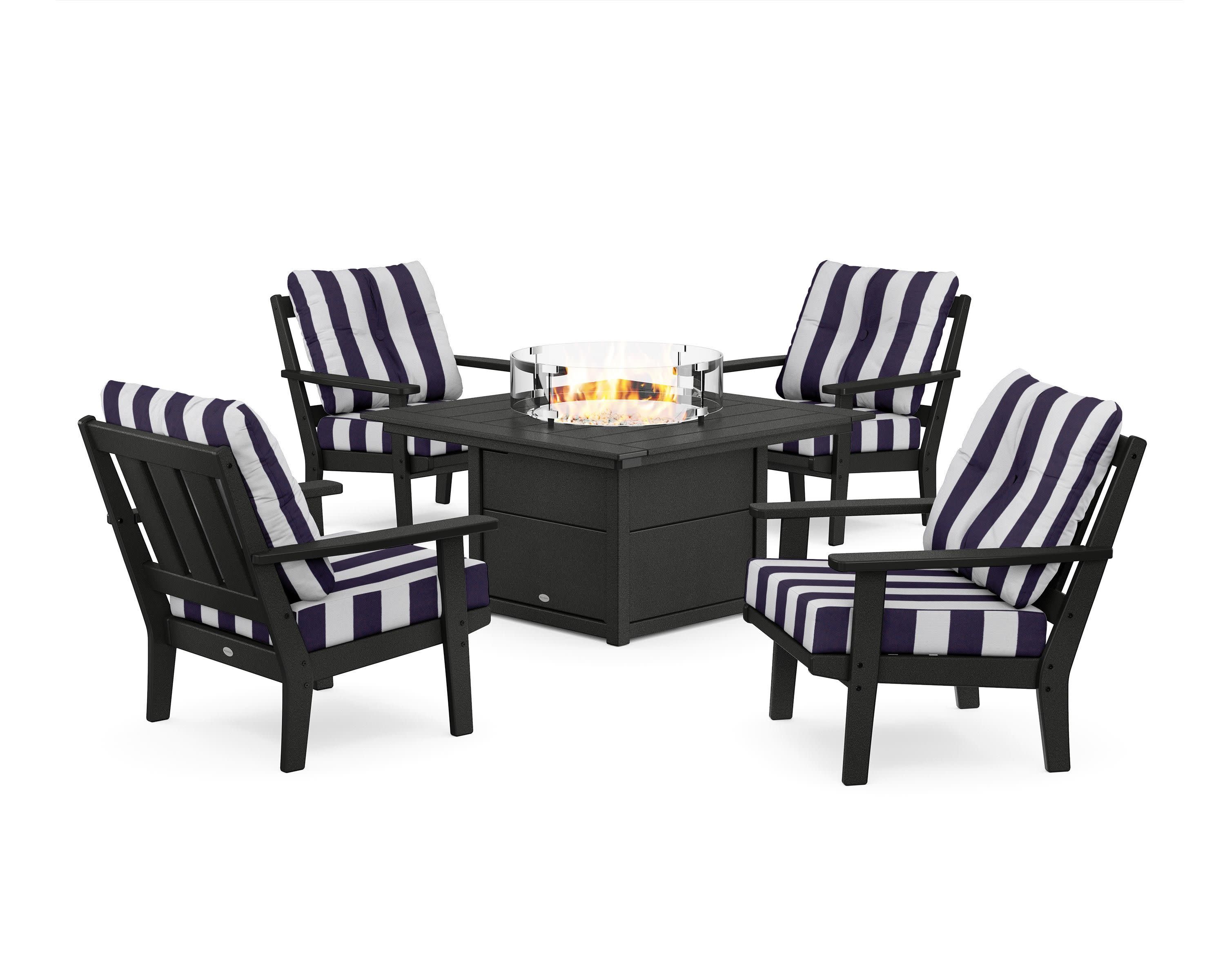 Oxford 5-Piece Deep Seating Set with Fire Pit Table in Black / Cabana Stripe Navy