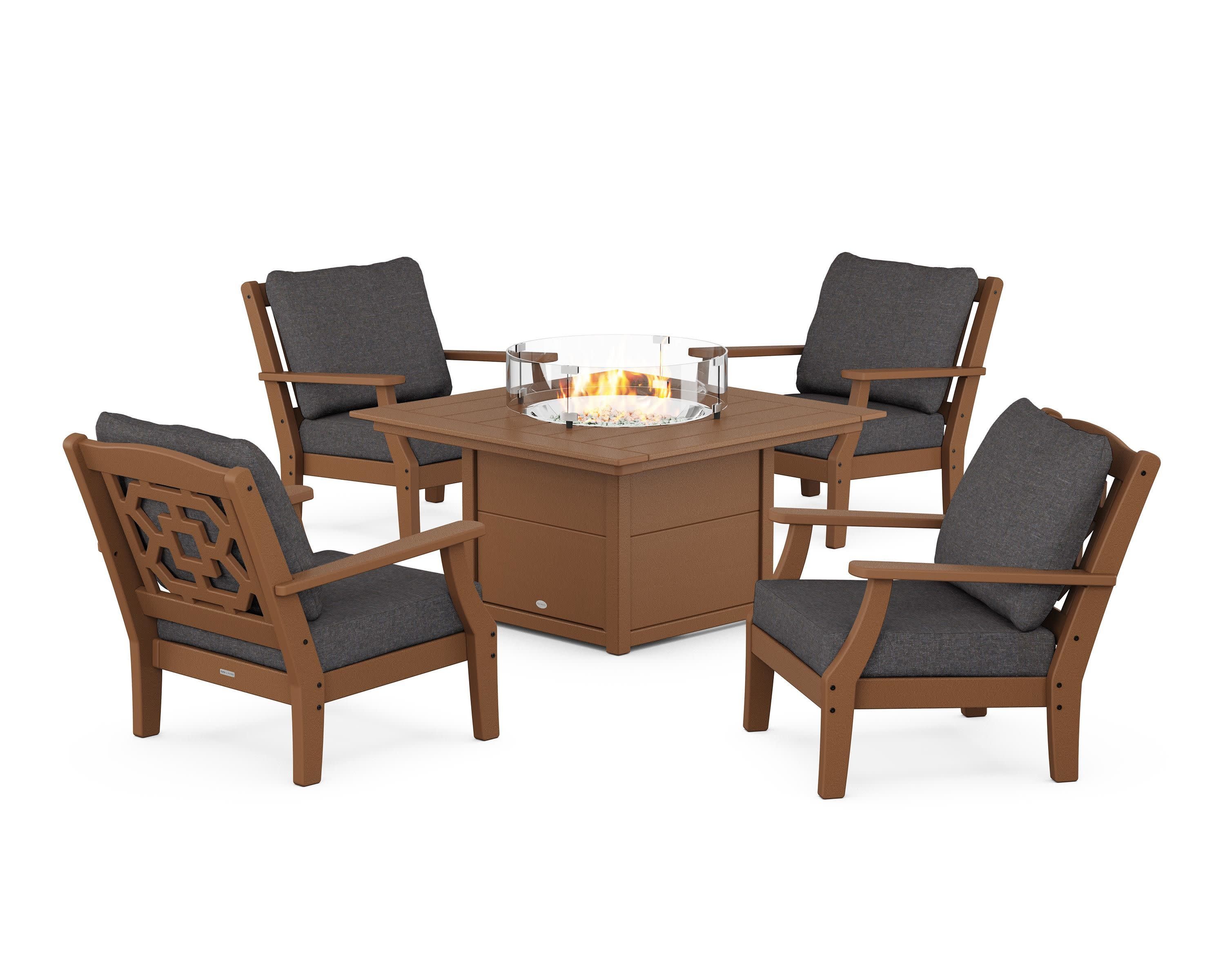 Chinoiserie 5-Piece Deep Seating Set with Fire Pit Table in Teak / Ash Charcoal